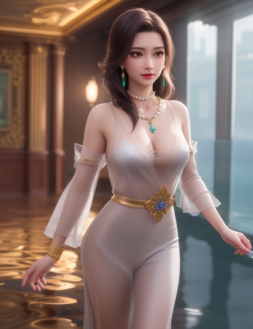 <lora:513-DA-穿越火线-云悠悠:0.8>(,1girl, ,best quality, ),looking at viewer,  ,ultra detailed background,ultra detailed background,ultra realistic 8k cg,, ,masterpiece,((((1girl, solo,  , solo focus, ,walking on liquid, ))))    (cleavage), (), ,ultra realistic 8k cg,   clean, masterpiece,     cinematic lighting, cinematic bloom, , (( , )),,  , unreal, science fiction, luxury, jewelry, diamond, gold, pearl, gem, sapphire, ruby, emerald, intricate detail, delicate pattern, charming, alluring, seductive, erotic, enchanting, hair ornament, necklace, earrings, bracelet, armlet,see-through sleeves, ,