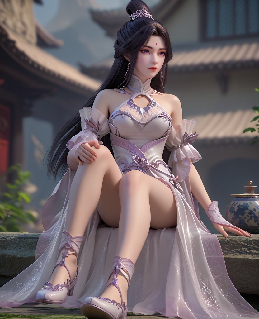 (oriental architecture, elegant decor, sophisticated style:1.1),Sitting, one leg bent and the other leg extended,,(breasts:1.2),<lora:XL16完美世界月婵:0.95>,miss yuechan,solo,pinkish white corset,sash,pinkish white sheer fabric skirt,purple eyes,forehead jewel,traditional chinese updo,black hair,very long hair,hair ornament,bare shoulders,detached sleeves,wristband,white strappy sandals,, zPDXL2, score_9, score_8_up, score_7_up BREAK realistic, masterpiece,best quality, highly detailed,, zPDXL3, zPDXL2,zPDXL, zPDXLxxx, zPDXLrl,