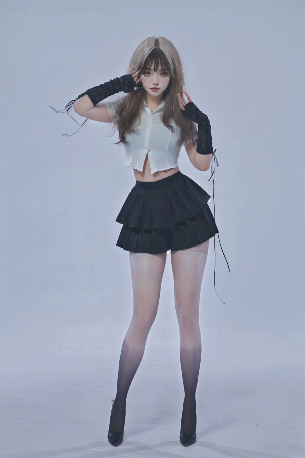 1girl,wsfz-021,(short hair:1.1),(white hair:1.1),streaked hair,white blouse,(black pleated skirt:1.1),cutout above navel,(lace:1.1),simple background,(gradient stockings:1.1),huge filesize,