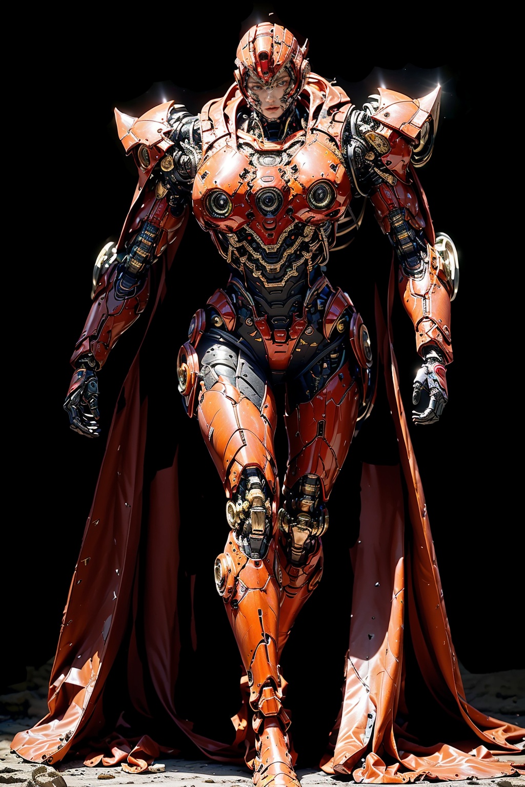 masterpiece,best quality,(highly detailed),girl soldier,Mechanical  cloak,strong,cyborg,(full body:1.3),(bright lighting:1.3),wide angle,(Light  background:1),<lora:hjyrobo5-000010:0.8>,complex body,(red and black),slivery:1.3,light beam,Surface grave with Victorian patterns,alien style,