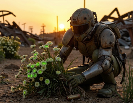 A post-apocalyptic Fall-out game warrior, clad in rusted armor, bends down amidst a toxic wasteland to pluck a bouquet of glowing, mutated wildflowers. The sun sets behind the crumbling dumpsite's twisted metal skeletons, casting a sickly yellow glow on the scene. The soldier's helmet and visor are adorned with makeshift gardening tools, as they gently gather the radioactive blooms, their faceplate fogging from the surrounding contamination. In the foreground, a spent 10mm casing lies half-buried in the dirt, surrounded by an eerie silence.