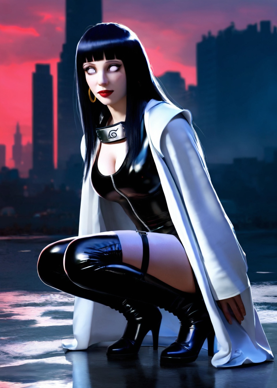 Hyūga Hinata\(NARUTO\),(CC-HT:1.05),long hair,black hair,white eyes,Glowing eyes,(Squat on the ground,12cm high_heel_boots,thigh_boots:1.2),from_side,full body,dynamic_angle,Dynamic posture,stylish_pose,seductive_smile,(solo:1.1),looking at viewer,medium breasts,earrings,diamond necklace,Black one-piece latex top,Black latex pants,wearing a white coat,slightly open coat,(zettai ryouiki,metal thigh_strap:1.2),frosty white skin,metallic luster leather coat,domineering facial expression,slender fingers,smoky makeup,red_lips_,background: dark  streets,city skyline,cold,super clear colors,surreal details,realistic and two-dimensional combination,(Background blur:1.1),artistic style: cold and temptation coexist,strong aura,advanced texture,strong contrast between highlights and shadows,movie-level picture,the central focus of the picture,the atmosphere: cold and charming,with a sense of danger,(impact:1.2),amazing quality,amazing contrast,tension lens,(visual impact, making the poster dynamic, with visual impact:1.2),
