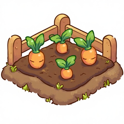 A patch of soil with carrots planted inside,surrounded by a fence,white background.,