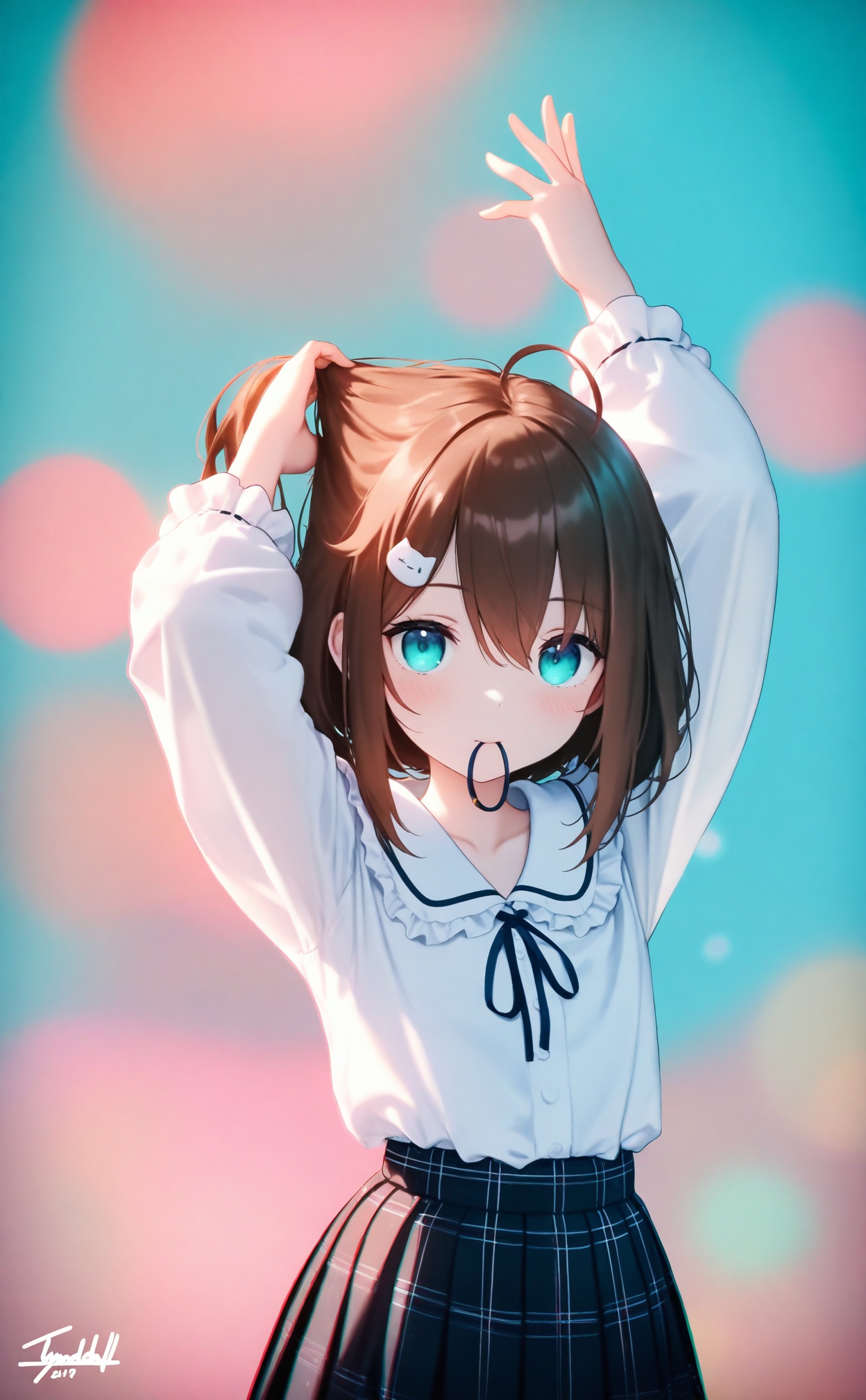 masterpiece,absurdres,best quality,loli,petite,high quality,chromatic_aberration,//,1girl,solo,hair tie in mouth,skirt,cat hair ornament,shirt,hair ornament,mouth hold,white shirt,hair tie,hairclip,looking at viewer,ahoge,virtual youtuber,signature,long sleeves,black skirt,tying hair,simple background,plaid,plaid skirt,adjusting hair,blue background,hair between eyes,collarbone,brown hair,aqua eyes,medium hair,frills,pleated skirt,shirt tucked in,collared shirt,short hair,blouse,blue eyes,aqua background,dated,frilled shirt,cowboy shot,arm up,//,Depth of field,(colorful),hdr,Tyndall effect,depth of field,Tyndall Effect,blurry,blurry_background,depth_of_field,bokeh,glowing,//,<lora:MMDguangwuran6——【noob】hans:0.9>,