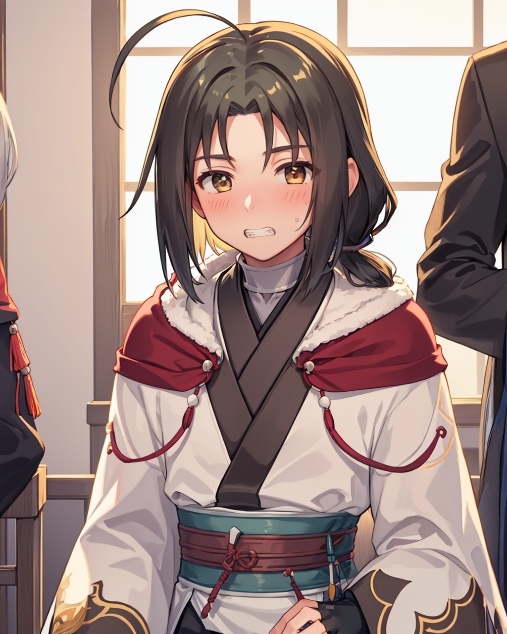 masterpiece,best quality, highly detailed, haku (utawarerumono), > <, blush, trembling, ahoge, 1girl, solo focus, 1boy, fingerless gloves, male focus, clenched teeth,<lora:haku_(utawarerumono):1>