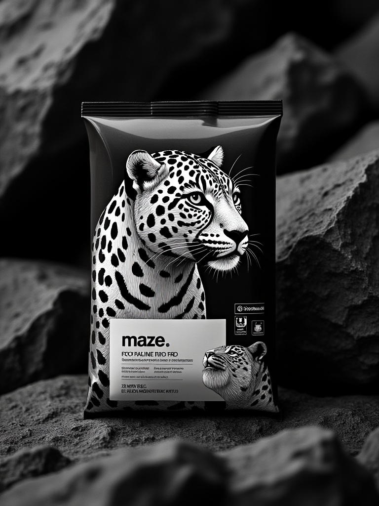 miluo_bzsj, A black and white packaging design for the "Xiaohashi Steven" brand of facial wet wipes, featuring an illustration-style drawing of a leopard in the foreground, set against dark rocks with dramatic lighting. The artwork showcases detailed linework on each mud pack, highlighting its unique features such as soft texture and natural coloration. This combination creates depth to emphasize both the wild beauty of the animal and the fresh quality of the "Maze" face wet pads. <lora:miluo丨包装设计丨现代简约-1.3:1>