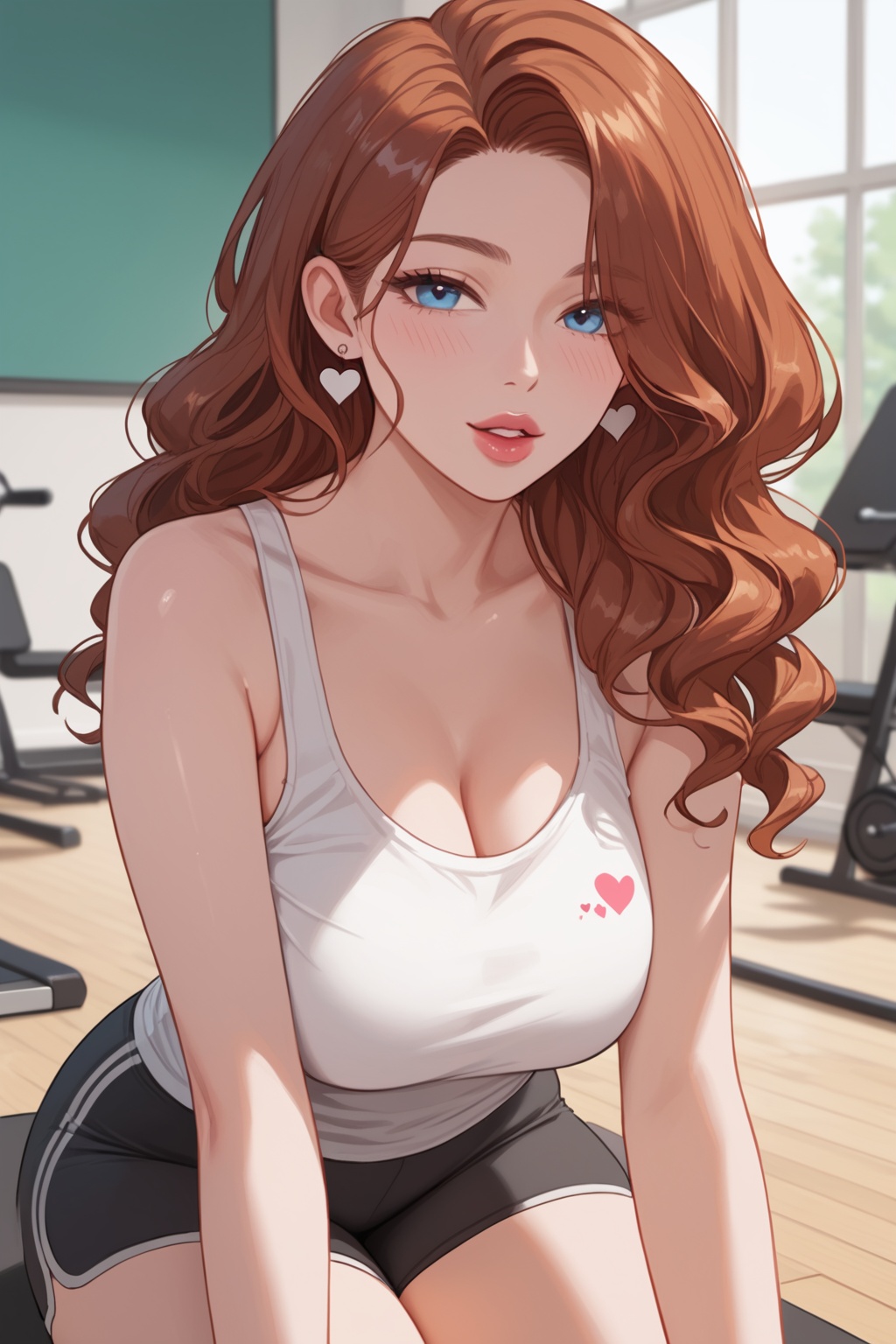 score_9,score_8_up,score_7_up,source_anime,seated forward bend, yoga shorts and **** top, Heiress, Tall, Thin, Heart-Shaped Face, Dark Skin, Auburn Hair, Blue Eyes with Green Flecks, Short Nose, Full Lips, Round Chin, Long Hair, Curly Hair, Angled Bob, firm breasts, Drop earrings, gloss sheer lipstick,Korean girl,