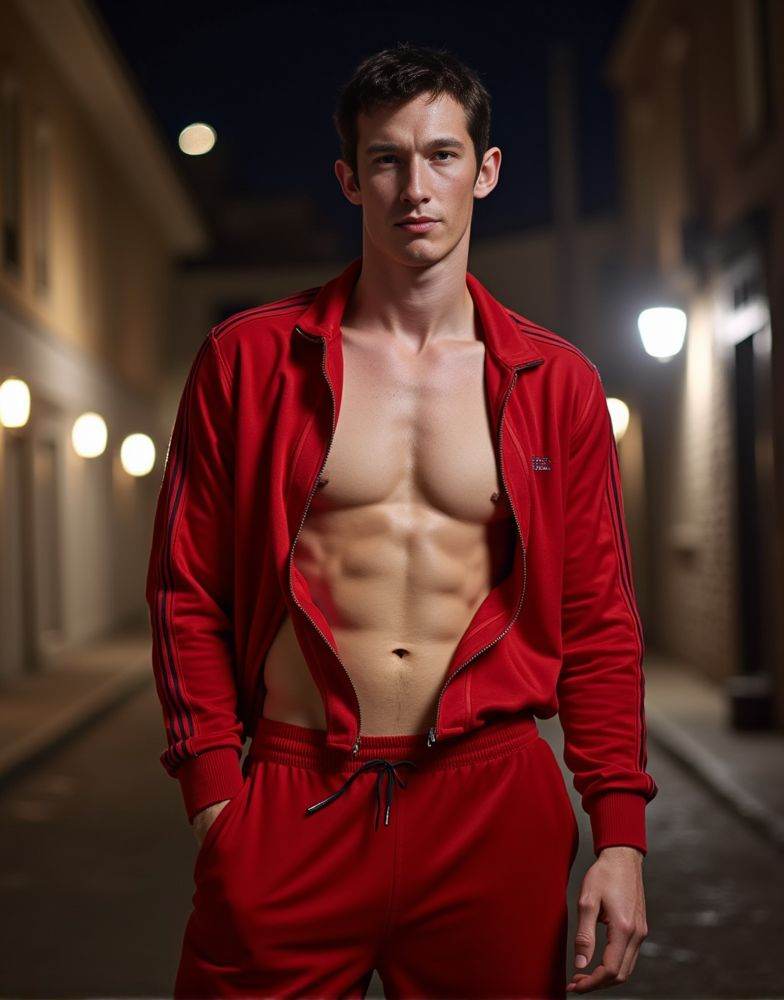 Callum Turner ,  realistic photo in a worn ((skin-revealing skimpy erotic red tracksuit. massive pecs)). big pecs. big arm...