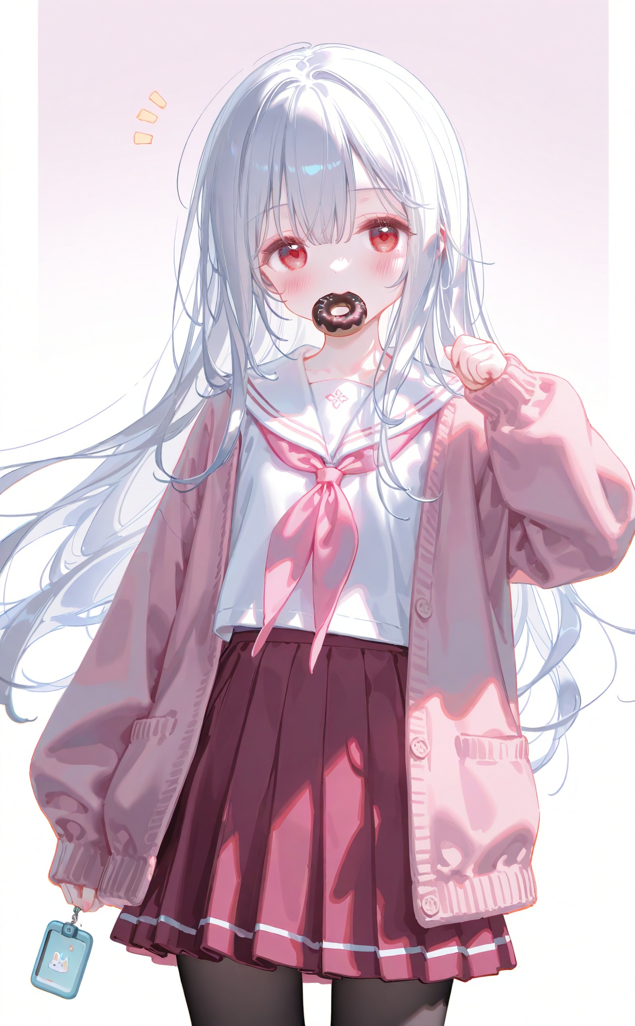 masterpiece,very aware,highres,absurdres,newest,best quality,loli,petite,high quality,chromatic_aberration,cinematic_angle,dutch angle,nyalia,//,artist:ciloranko,artist:ningen_mame,artist:sho_(sho_lwlw),artist:rhasta,artist:wlop,artist:ke-ta,artist:hiten \(hitenkei\),//,masterpiece,very aware,highres,absurdres,newest,best quality,loli,petite,high quality,chromatic_aberration,cinematic_angle,dutch angle,//,artist:ciloranko,artist:ningen_mame,artist:sho_(sho_lwlw),artist:rhasta,artist:wlop,artist:ke-ta,artist:hiten \(hitenkei\),//,1girl,solo,skirt,long hair,mouth hold,pantyhose,doughnut,cellphone,cardigan,phone,red eyes,food,white shirt,pink cardigan,school uniform,shirt,pleated skirt,open cardigan,sailor collar,open clothes,white sailor collar,serafuku,gradient background,pink skirt,black pantyhose,long sleeves,food in mouth,pink background,sleeves past wrists,looking at viewer,necktie,hand up,very long hair,grey hair,blush,pink necktie,white background,clenched hand,hair between eyes,smartphone,red necktie,neckerchief,cellphone charm,white hair,pink neckerchief,cowboy shot,red skirt,notice lines,two-tone background,open jacket,simple background,standing,pink sailor collar,