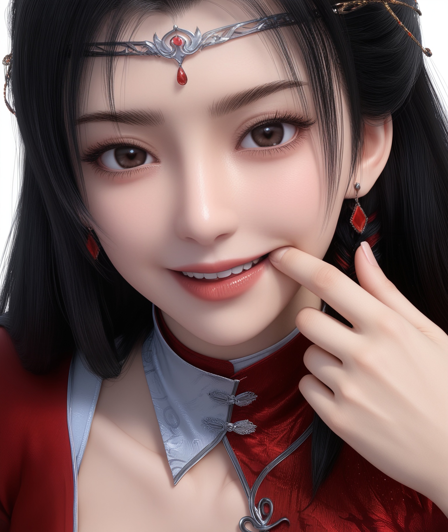 masterpiece,best quality,absurdres,highres,BREAK(glamor:1.1),slender,1girl,solo,<lora:流风霜ill:0.8>,long hair,black hair,hair ornament,jewelry,forehead ornament,earrings,white inner top,high collar,red silk robe,diagonal closure,red robe,collarbone,(large breasts),looking at viewer,front view,(fingersmile),eyelid_pull,BREAKsimple background,white background,rim light,Tyndall effect,Volumetric Lighting,Cinematic Lighting,