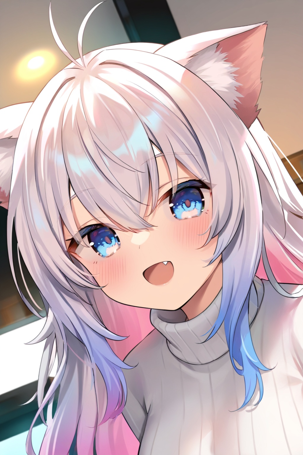 1girl,solo,long hair,breasts,looking at viewer,blush,smile,open mouth,bangs,blue eyes,long sleeves,animal ears,hair between eyes,medium breasts,blue hair,upper body,pink hair,ahoge,white hair,:d,multicolored hair,fang,cat ears,sweater,gradient hair,turtleneck,antenna hair,turtleneck sweater,white sweater,