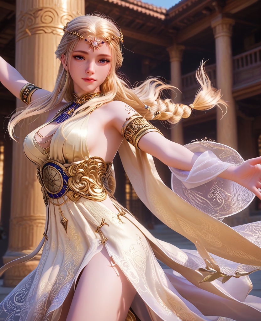 (oriental architecture, elegant decor, sophisticated style:1.1),(Balancing on one foot with the other leg extended, forming a graceful line,:1.1),fear face expression,(breasts:1.2),<lora:XL16永劫无间席拉:0.95>,miss xila,light yellow high-low dress,blue eyes,circlet,blonde hair,braid,long hair,sash,jewelry,armlet,golden tattoo of holy seal,, score_9,score_8_up,score_7_up,score_6_up,score_5_up,score_4_up,3d rendering,tag1,tag2, Cinematic Lighting,backlighting,