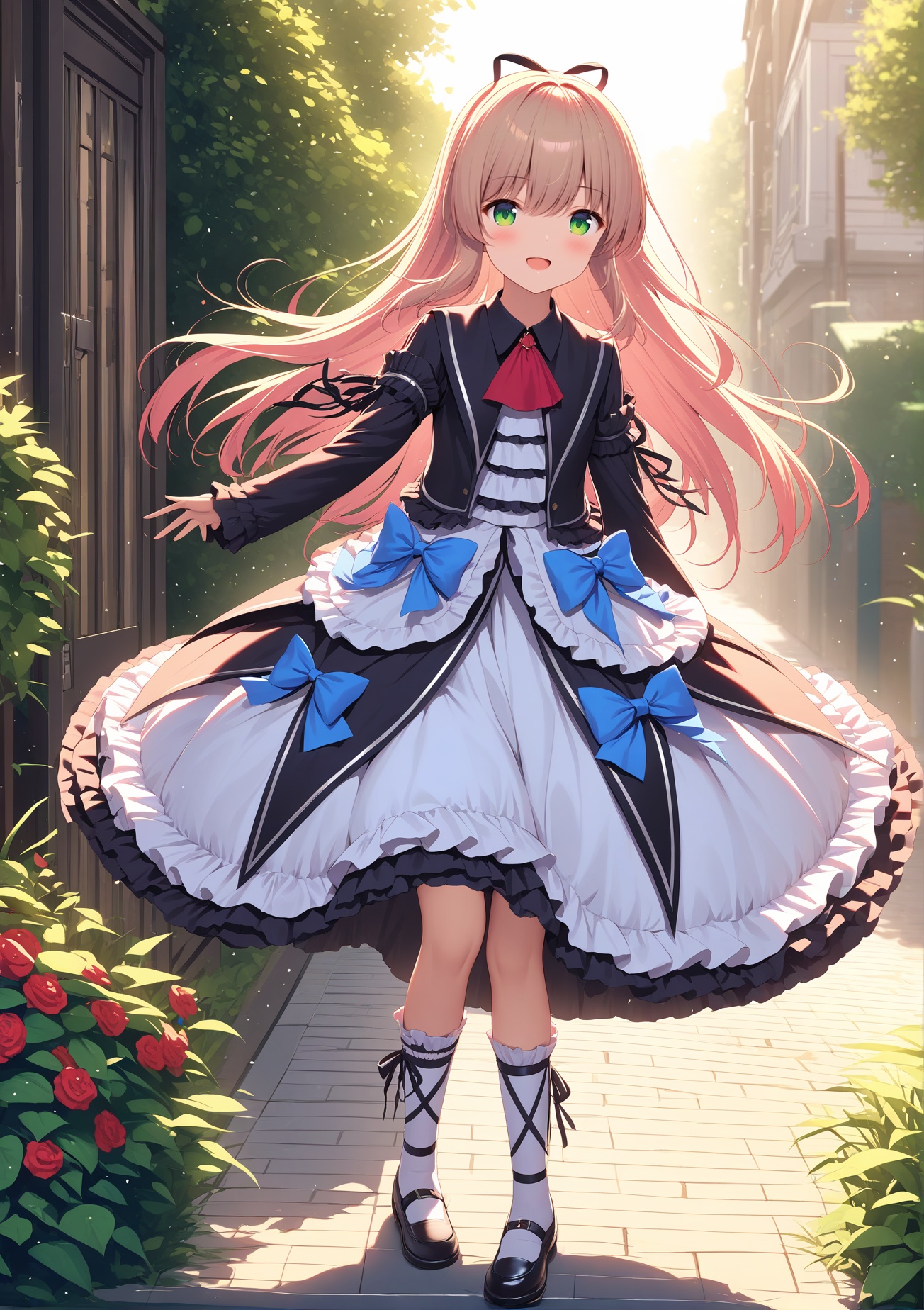 (masterpiece), (best quality), illustration, ultra detailed, hdr, Depth of field, (colorful),[himitsu \(hi mi tsu 2\), sheya:0.5,haneru,]Renne(lo), frilled dress,lo shoes,frilled socks,leg ribbon, frills,red ascot,blue bow,1girl,long hair,green eyes,light brown hair,smile,teenage,standing,street,  garden,  <lora:RenneloXLAni3:1>