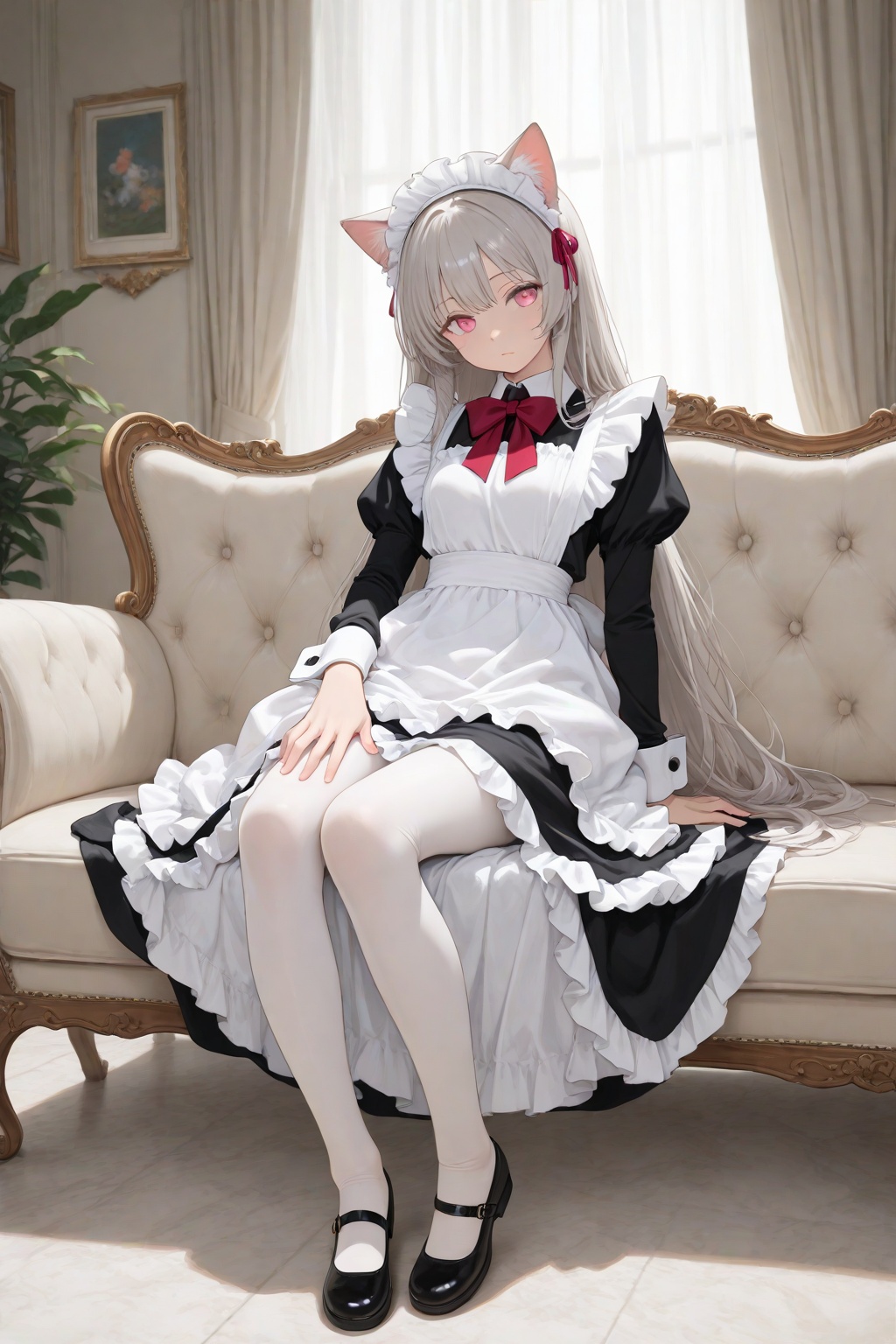 masterpiece,best quality,amazing quality,very aesthetic,absurdres,newest,highres,painting \(medium\),(flat color:1.1),indoors,couch,curtains,1girl,solo,grey hair,pink eyes,cat ears,maid,white apron,frilled dress,very long dress,long sleeves,wrist cuffs,red bowtie,white pantyhose,mary janes,sitting,hand on own thigh,arm support,