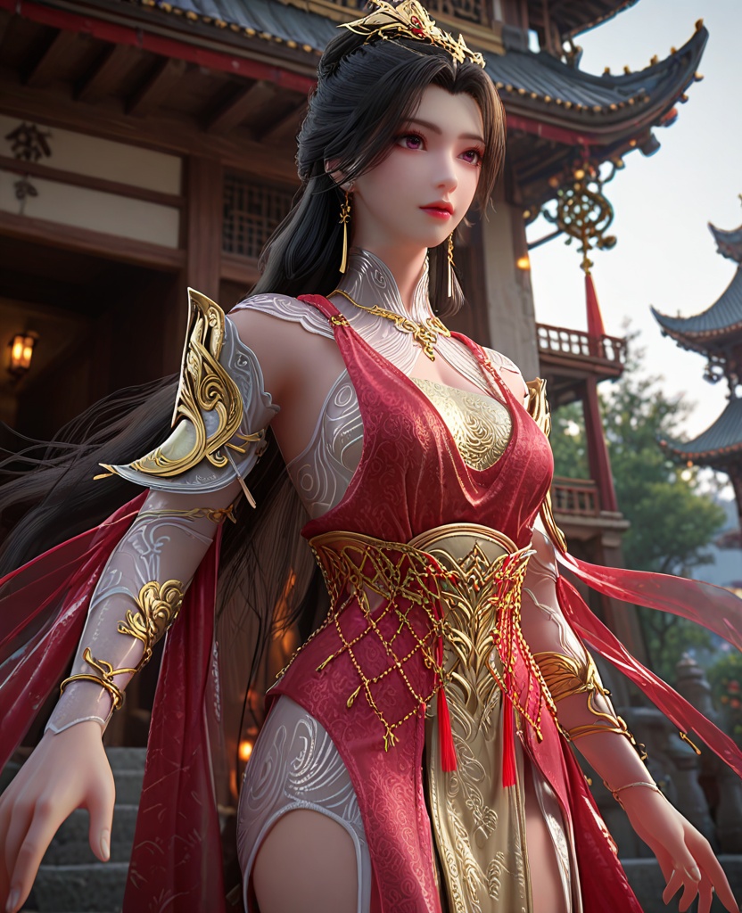 (oriental architecture, elegant decor, sophisticated style:1.1),(villain pose:1.1),(breasts:1.2),<lora:XL长生界赵琳儿:0.95>,miss zhaoliner,red dress,golden bra,see-through sleeves,sash,see-through collar,chain ornament,shawl,pelvic curtain,purple eyes,black hair,earrings,hair ornament,long hair,jewelry,, score_9,score_8_up,score_7_up,score_6_up,score_5_up,score_4_up,3d rendering,tag1,tag2, Cinematic Lighting,backlighting,