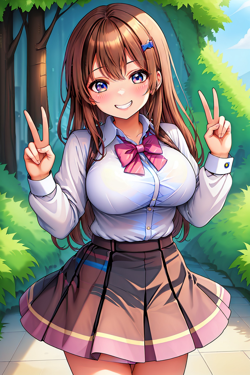 gyaru, medium hair, brown hair, multicolored hair, large breasts, dark blue eyes,school uniform, dress shirt, skirt, bowtie,cowboy shot, grin, peace sign,, <lora:蔚蓝Blue瑟瑟:0.8>