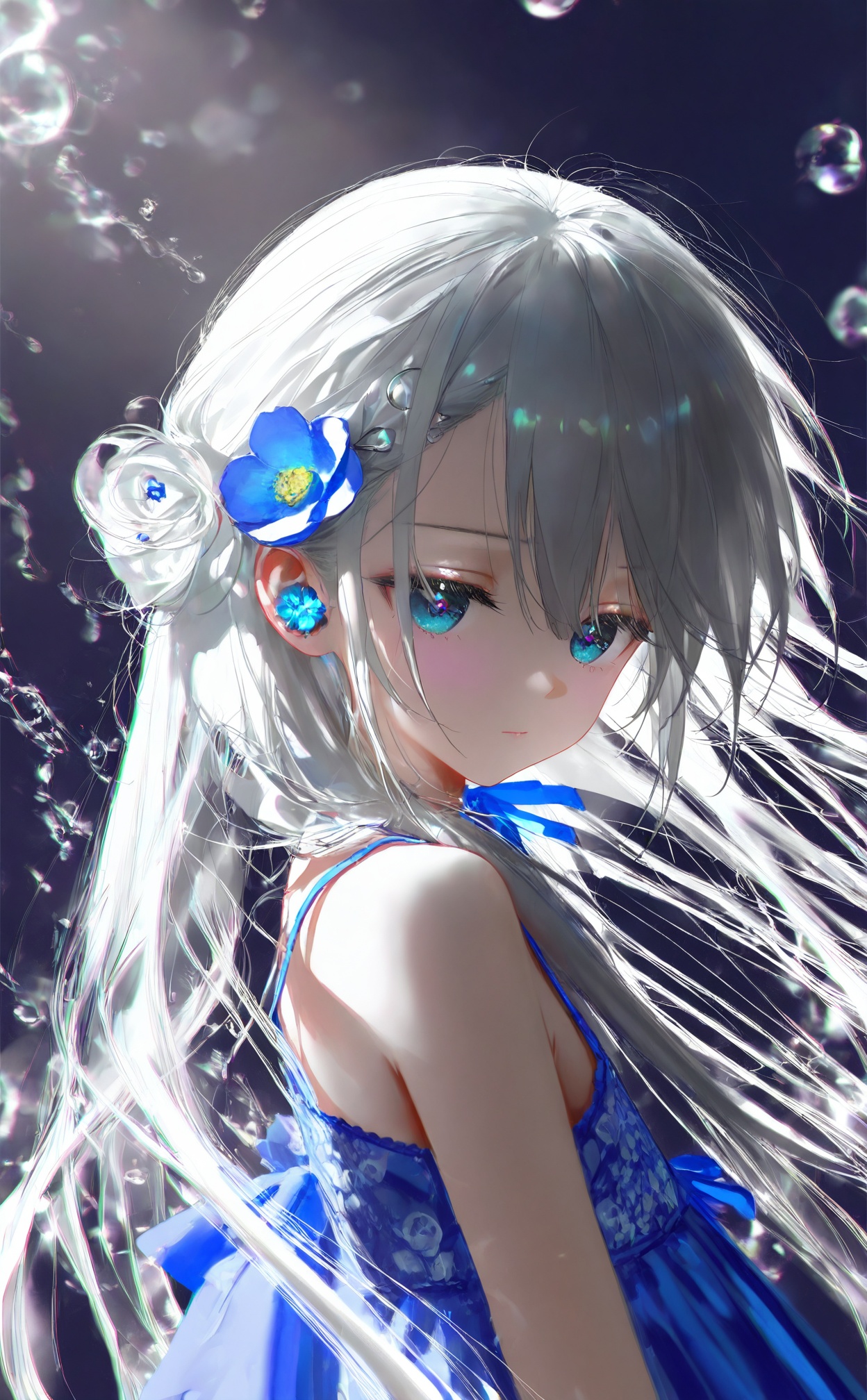 masterpiece,best quality,high quality,loli,blurry background,background light,//,1girl,solo,flower,long hair,blue eyes,blue flower,white hair,dress,expressionless,upper body,hair ornament,closed mouth,blue dress,water drop,bare shoulders,jewelry,clothing cutout,//,(artist:aestivation:2.4),(artist:nasii:0.4),(artist:toosaka asagi:0.4),(artist:atdan:0.4),(artist:iumu:0.72),(artist:wlop:0.72),artist:96YOTTEA,artist:Konya Karasue,artist:omone_hokoma_agm,//,
