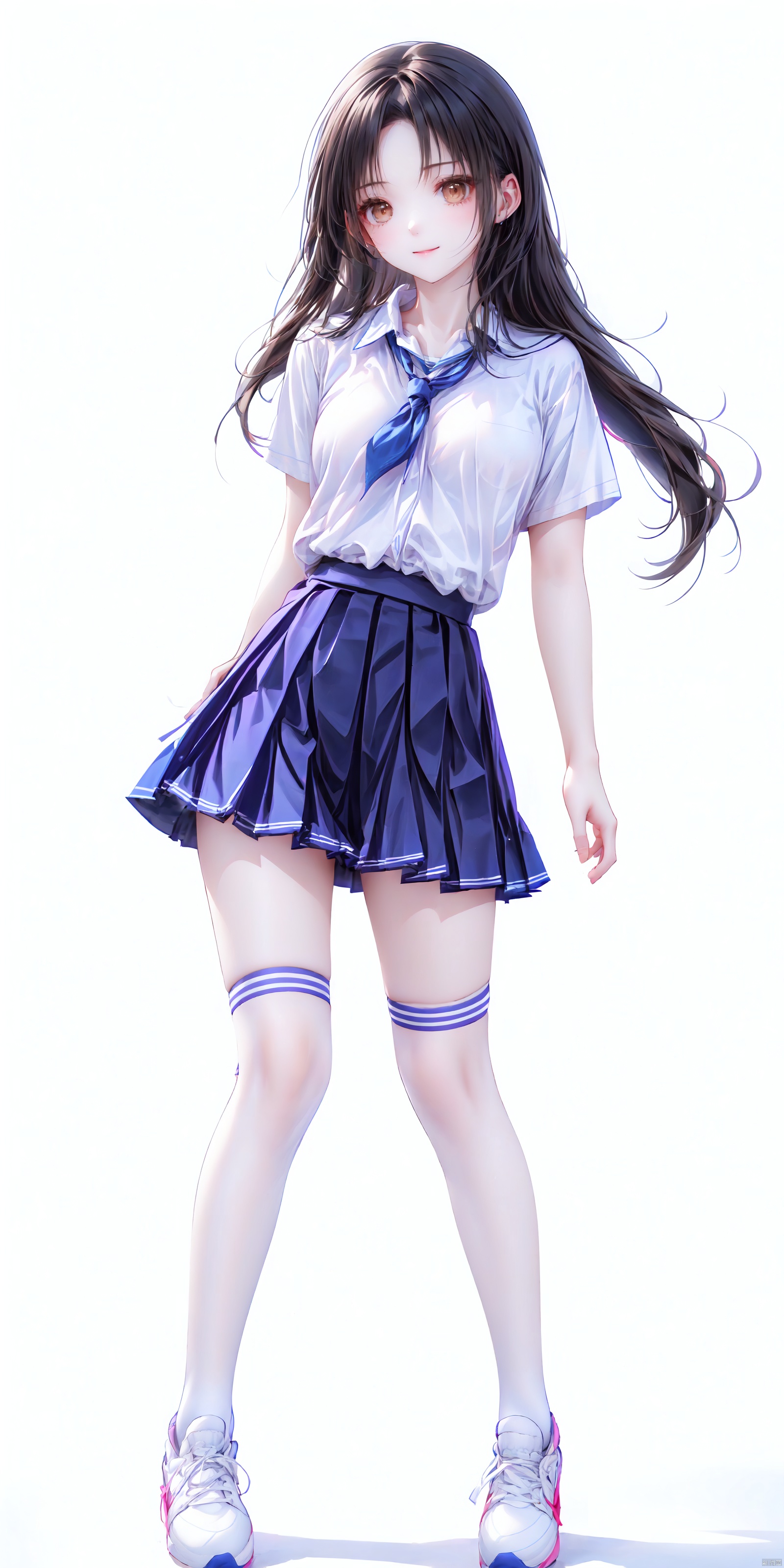 ——1girl,1girl, solo, long hair, breasts, looking at viewer, skirt, simple background, shirt, black hair, thighhighs, white background, brown eyes, school uniform, standing, full body, white shirt, short sleeves, pleated skirt, shoes, socks, blue skirt, kneehighs, white footwear, sneakers, , 1girl,Miniskirt,Skirt————Medium breast,Beautiful Legs——(Dynamic Posture: 1.5)——shuijingxie,smile——Telephoto lens————1girl, ((poakl))——, 1girl, shuijingxie<lora:EMS-254762-EMS:0.500000>, <lora:EMS-346493-EMS:0.800000>, <lora:EMS-260325-EMS:0.500000>, <lora:EMS-69165-EMS:0.400000>, <lora:EMS-93-EMS:0.800000>, <lora:EMS-27162-EMS:0.300000>