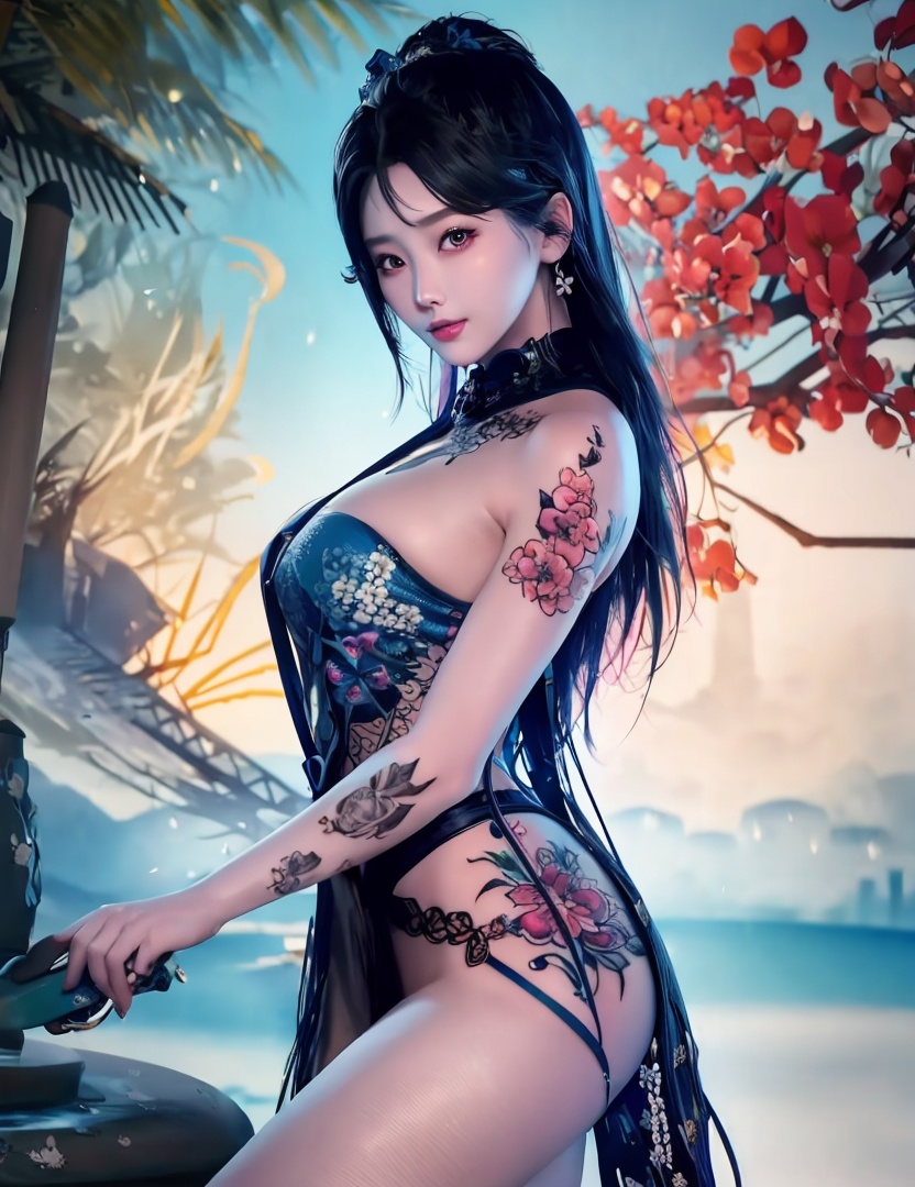 <lora:519-DA-永劫无间-青花瓷妖刀姬:0.8>(,1girl, ,best quality, ),looking at viewer,  ,,ultra detailed background,ultra detailed background,ultra realistic 8k cg,, ,masterpiece, (( , )),ultra realistic 8k cgSurrounded by strange, movie perspective, advertising style, Colorful background, splash of color A beautiful woman with delicate facial features,tattoo all over body, flower arms, from below,