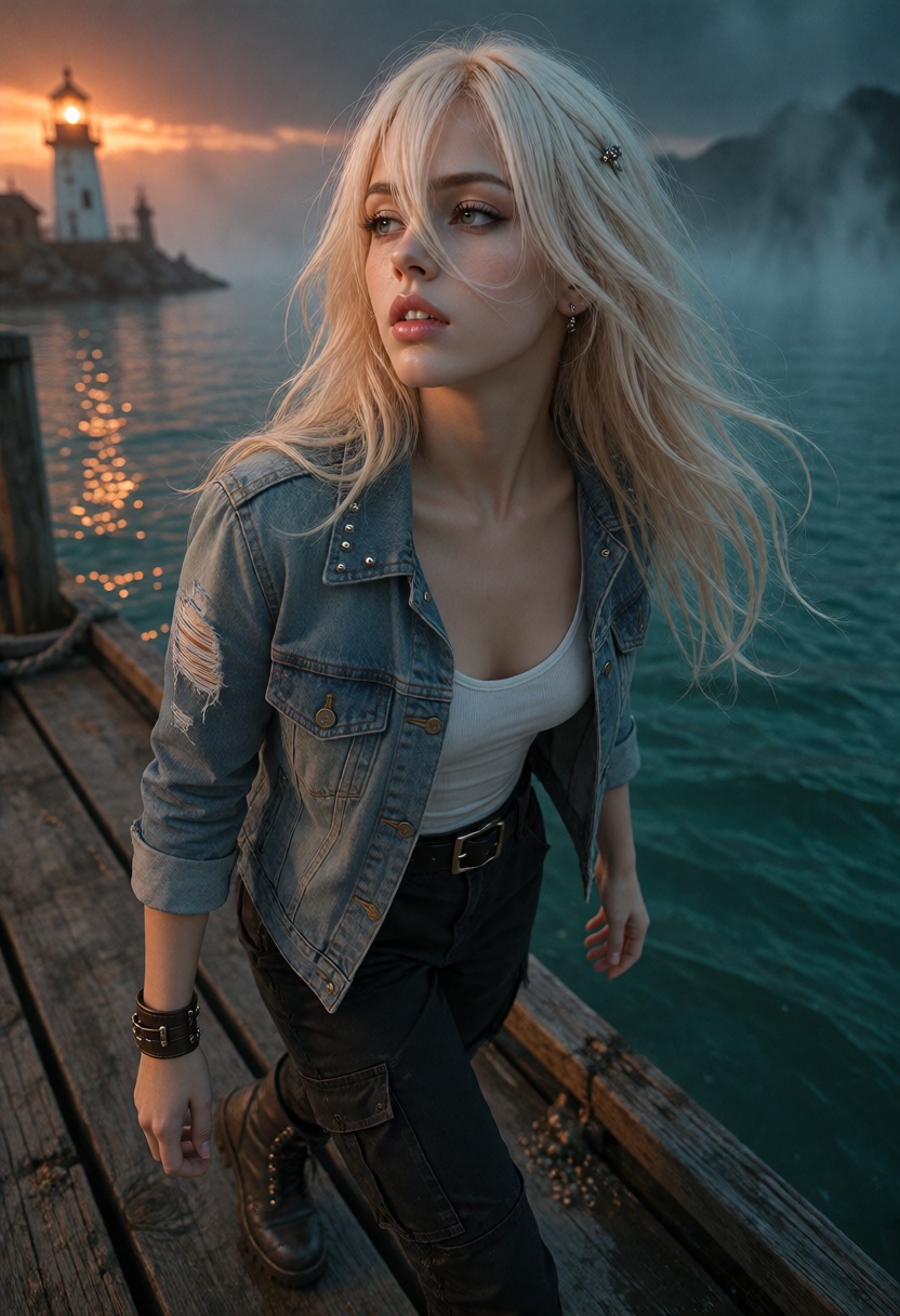 AureliaX,  long pale platinum-blonde hair with wispy curtain bangs and soft loose waves. "AureliaX,  25 year old woman on...