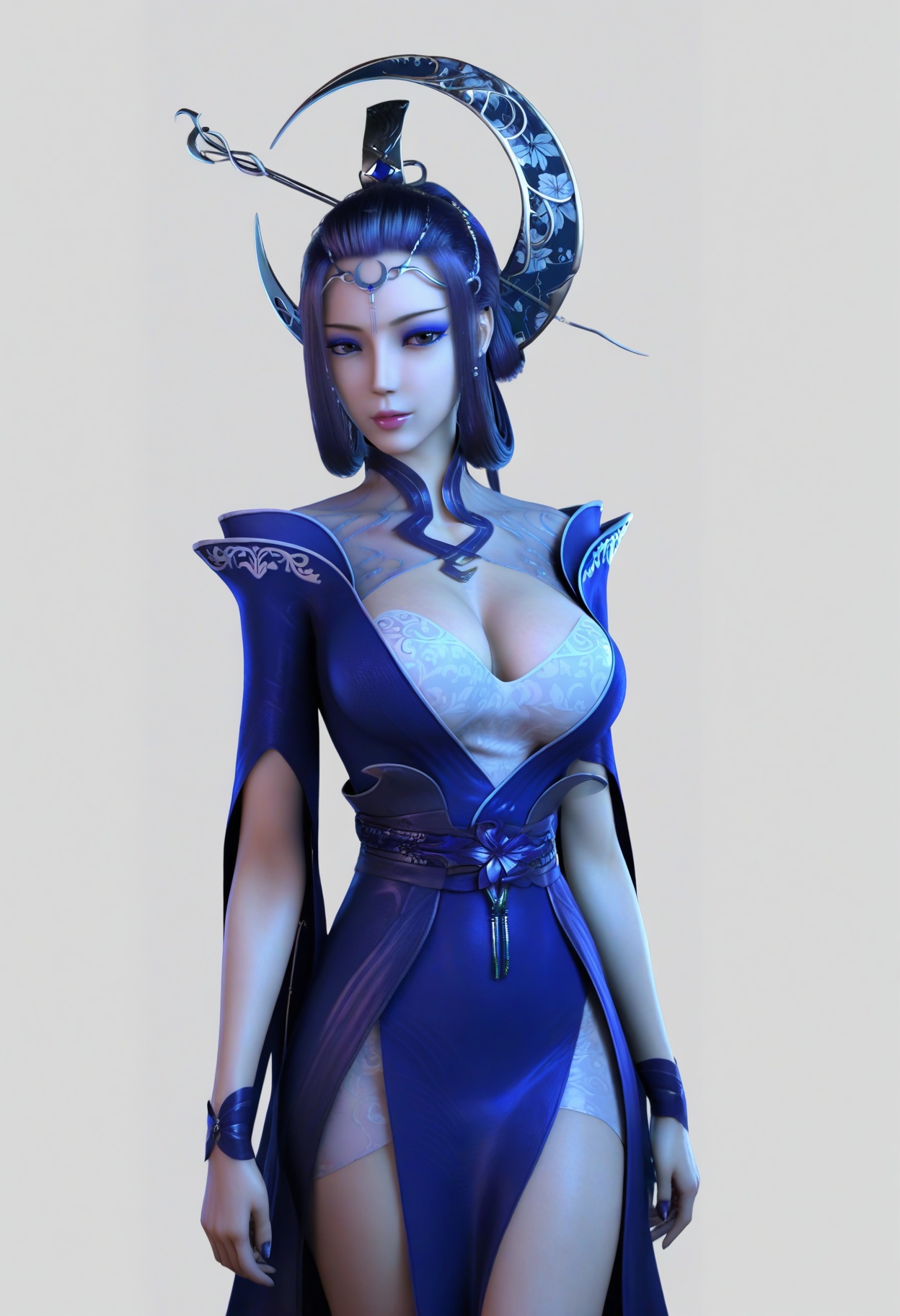 score_9,<lora:SF_YueJi_Pony_Realism2.3-000004:0.7>,hair ornament,long hair,dress,standing,1girl,breasts,large breasts,hair ornament,hair rings,blue dress,solo,eyeshadow,lips,looking at viewer,white background,simple background,