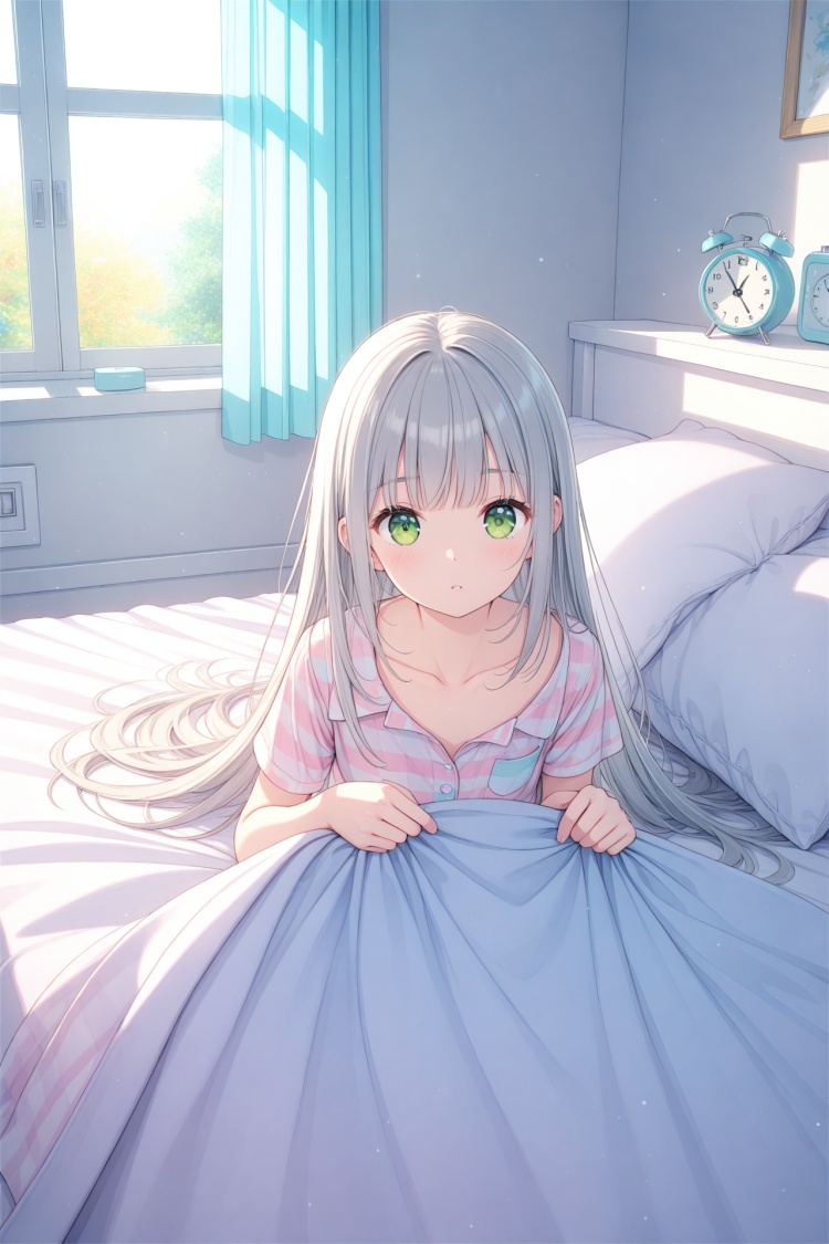 (masterpiece),(best quality),illustration,ultra detailed,hdr,Depth of field,(colorful),loli,1girl,clock,solo,alarm clock,under covers,green eyes,bed,long hair,pillow,indoors,sunlight,curtains,pajamas,grey hair,blanket,window,collarbone,bangs,