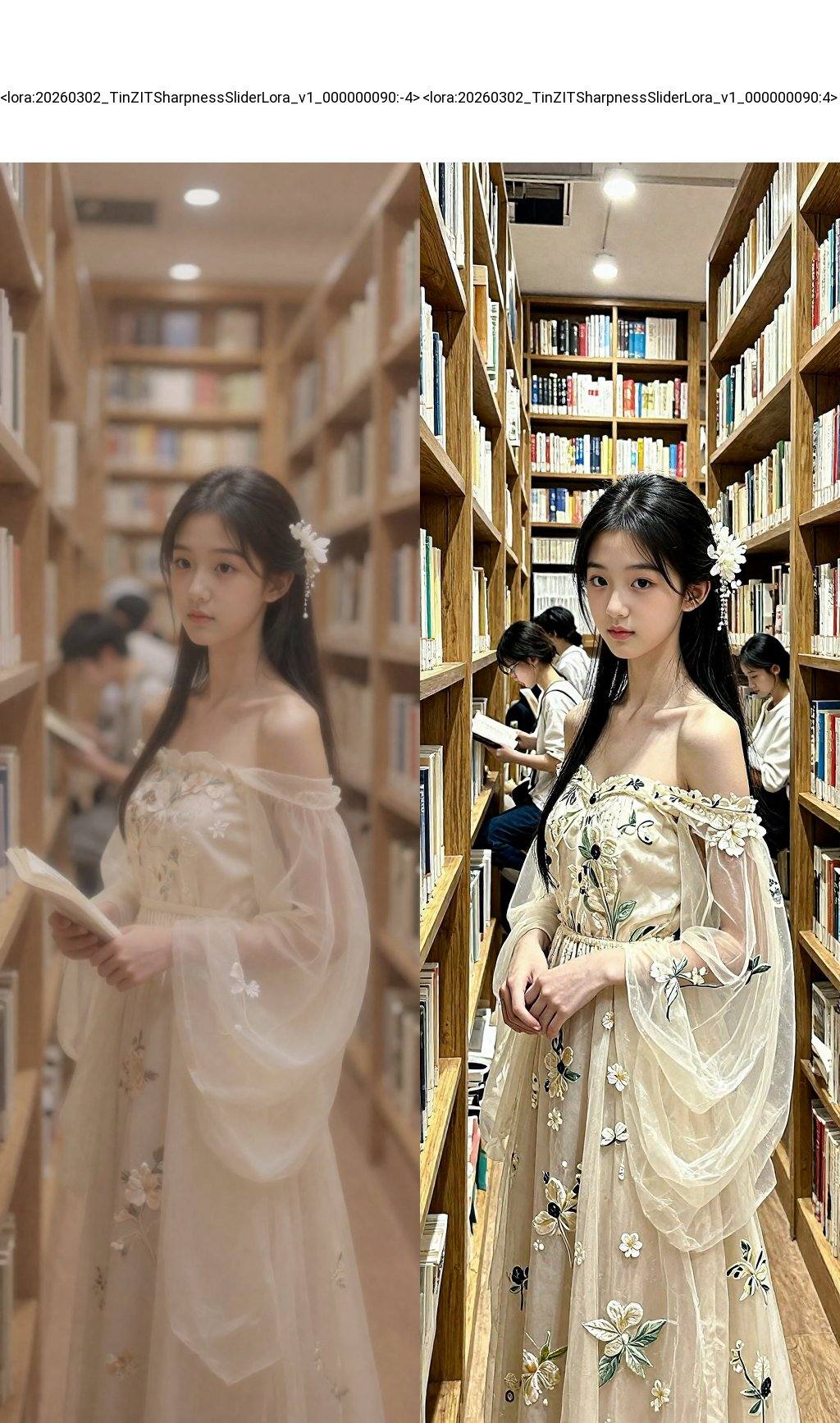 <lora:20260302_TinZITSharpnessSliderLora_v1_000000090:-4>, A photograph captures a serene, narrow library aisle lined with wooden bookshelves. A young Asian woman with fair skin, long black hair, and delicate features stands in the foreground. She wears an off-the-shoulder, cream-colored gown with intricate floral embroidery and sheer, flowing sleeves. Her attire and hair adorned with white floral accessories evoke a soft, ethereal aesthetic. The background reveals other patrons, also engaged in reading, adding to the tranquil, scholarly atmosphere. Warm, ambient lighting enhances the cozy, intellectual ambiance of the library.