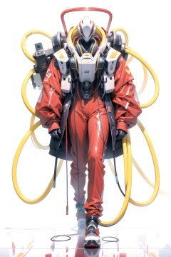 No human, solo, sci-fi, robot, full body side, red costume, red pants, red cable, cable, tube, jacket, wire