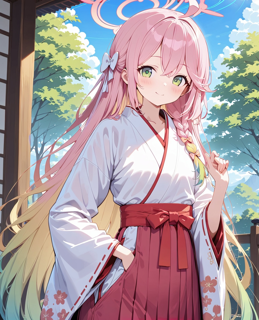 1girl, solo, green eyes, bow, skirt, pink hair, long hair, halo, braid, smile, japanese clothes, hair bow, looking at viewer, ahoge, blush, hakama, closed mouth, outdoors, bangs, long sleeves, very long hair, hakama skirt, white bow, day, white kimono, kimono, tree, pleated skirt, hair between eyes, hip vent, standing, cowboy shot, multicolored hair, single braid, pink bow, gradient hair, collarbone