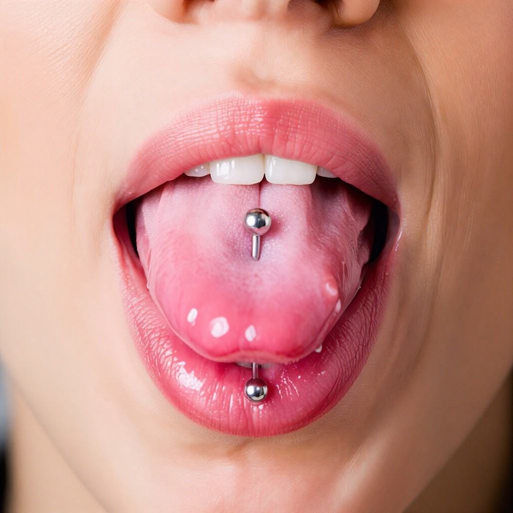 This extreme close-up focuses on a person's mouth with the tongue extended outward,  revealing a metallic tongue piercing....