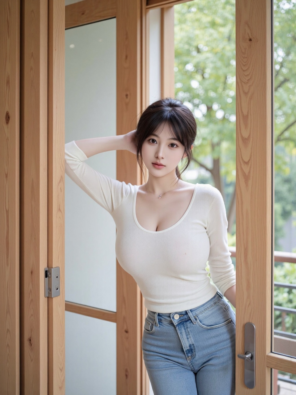 large natural breast,-Facial expression: The girls gaze is calm and she looks straight at the camera, with a natural expression that conveys a relaxed and slightly lazy temperament** Posture movements: lean against an open door frame, lift and bend your left hand, and rest your elbow on top of the door frame, with a relaxed posture, The body tilts slightly, and the overall movement appears relaxed and comfortable, full of a sense of life atmosphere** Dressing up: Wearing a white knitted long sleeved top on the upper body, with a simple design that faintly reveals the camisole underneath, Paired with a pair of blue jeans, the overall outfit is casual and comfortable, showcasing a sense of daily fashion** Accessories * *: There are no obvious accessories in the picture, with a simple dressing style as the main focus** Environmental Background * *: The scene is the connection between indoor and outdoor, with wooden door frames and blurry green scenery visible outside the window, possibly trees or vegetation, 