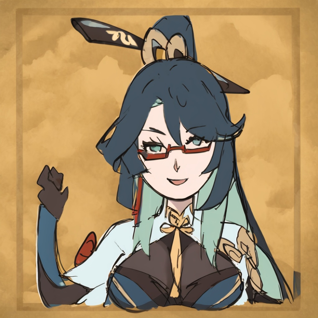 masterpiece, best quality, <lora:jpd:1.2>,sketch,<lora:xianyun-v2:1>,1girl, breasts, solo, glasses, cleavage, gloves, large breasts, looking at viewer, red-framed eyewear, green hair, hair ornament, teeth, multicolored hair, smile, long hair, ponytail, blue eyes, upper body, simple background, bangs, black hair, black gloves, brown background, open mouth, elbow gloves