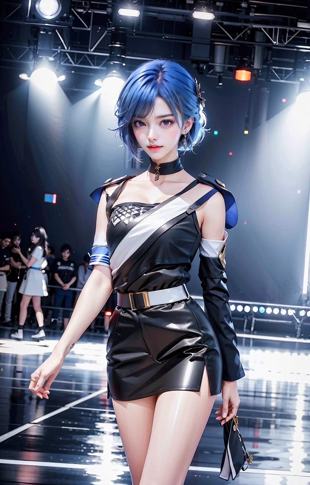 a woman with blue hair and a black and white outfit on a runway with lights behind her and a spotlight behind her,Ayami Kojima,fashion,a statue,bauhaus,absurdres,highres,wallpaper,colorful,thick eyebrows,pupils,bright_pupils,makeup,eyeshadow,lipstick,long_eyelashes,mascara,face_focus,eyes_focus,front view,looking_at_viewer,<lora:王者荣耀-镜:0.9>,