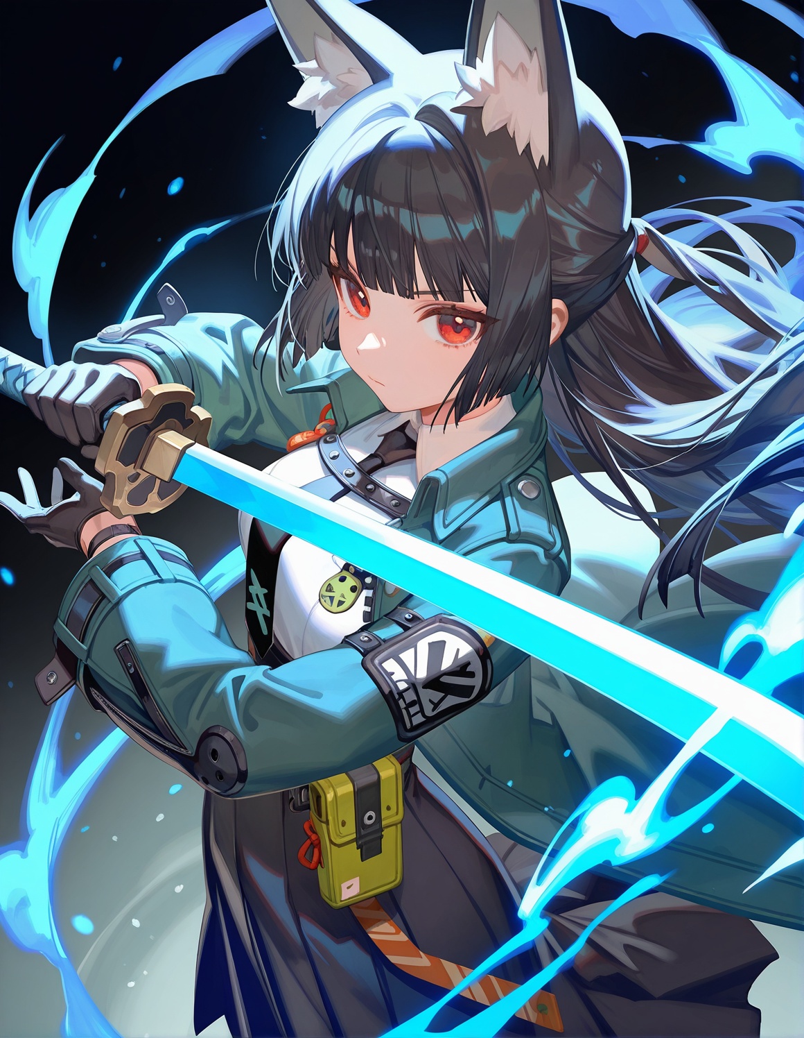 1girl,hoshimi miyabi,zenless zone zero,rei \(sanbonzakura\),torino aqua,(ciloranko:0.9),lack,from above,from side,foreshortening,animal ear fluff,black gloves,black hair,black necktie,black skirt,blunt bangs,closed mouth,fox ears,fox girl,green jacket,high-waist skirt,holding sword,glowing katana,energy,long hair,red eyes,serious,sidelocks,solo,white shirt,blue theme,black background,depth of field,cinematic,masterpiece,best quality,good quality,newest,highres,absurdres,