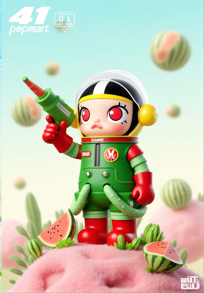 F1PopMart,F1FootMeiJia,F1PomaRuass,F1EUGispy,F1MingGUOCiqi,F1CNShanhaij,F1PopMart, The image depicts a whimsical, futuristic scene featuring a character dressed in a green astronaut suit with red accents. The character has large, expressive red eyes and is wearing a helmet with a yellow visor. The suit is adorned with a patch that reads "GAME" and a logo resembling a stylized "W." The character is holding a green object, possibly a tool or weapon, in one hand, and there are several green, worm-like appendages attached to the suit. The background consists of a pastel-colored sky with floating watermelons, creating a surreal, dreamlike atmosphere. The ground is covered with pink and green vegetation, adding to the fantastical setting.