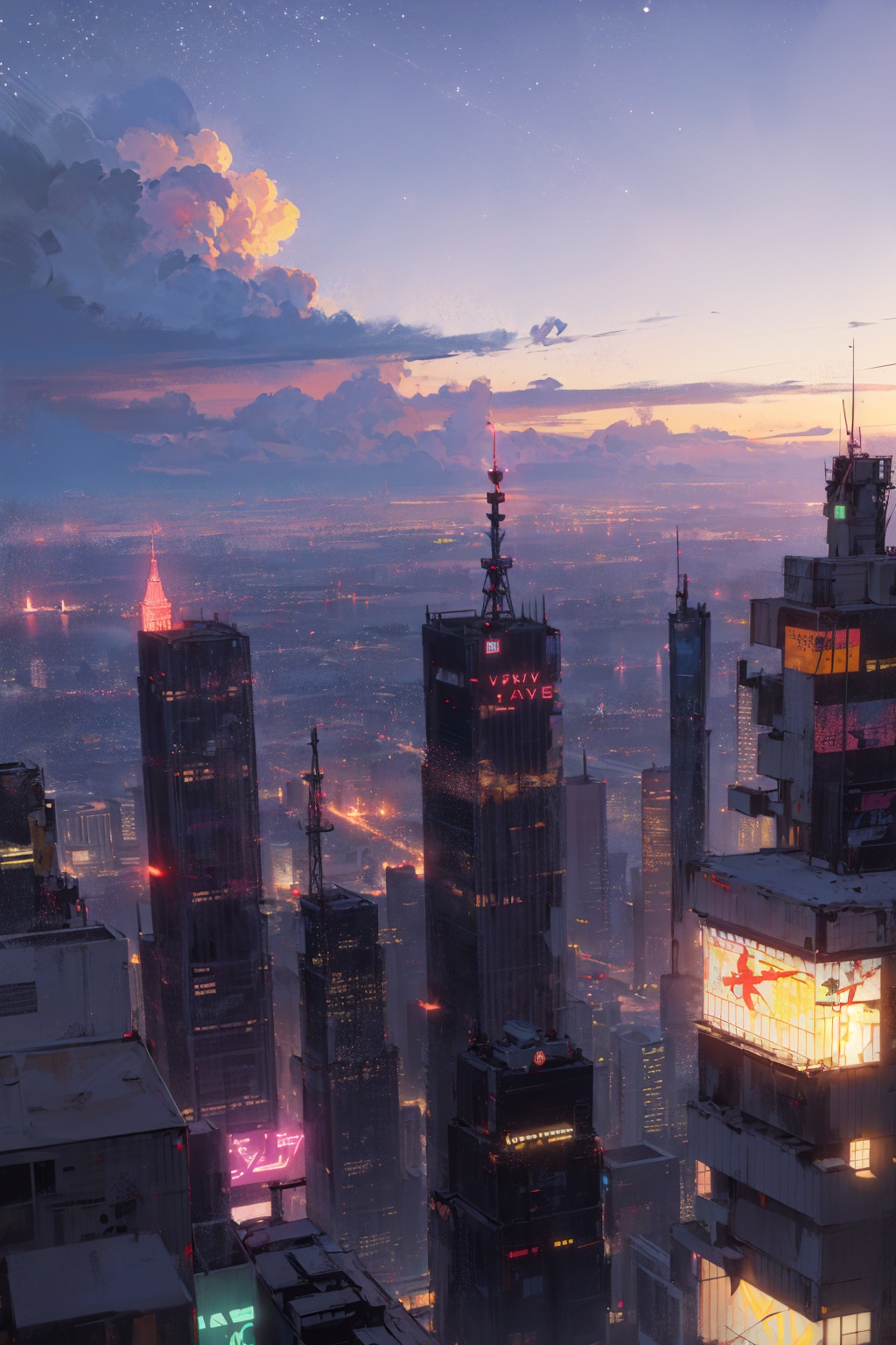 masterpiece,best quality,(ray tracing,cinematic lighting),photography,from above,cyberpunk city,tower,skyscraper,neon lights,night,cloud,starry sky,