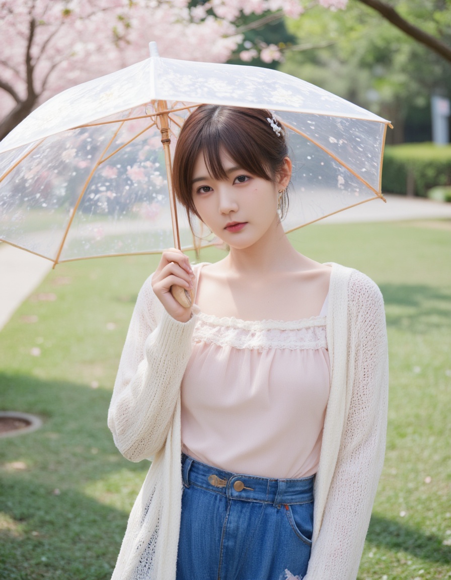 A half-body portrait of an 18-year-old Asian girl wearing a light pink chiffon blouse with puff sleeves (decorated with lace bow at collar), paired with high-waisted sky-blue denim shorts skirt (white floral embroidery on hem), draped in a cream-colored knitted cardigan. Styled with twin-tails hair adorned with pearl hairpins, holding a cherry blossom-themed transparent umbrella in a spring garden. Soft natural lighting with bokeh background, photography style fresh and sweet using shallow depth of field and soft focus effects, avoid heavy makeup or dark tones. <lora:李一桐flux-lora-000005:1>,