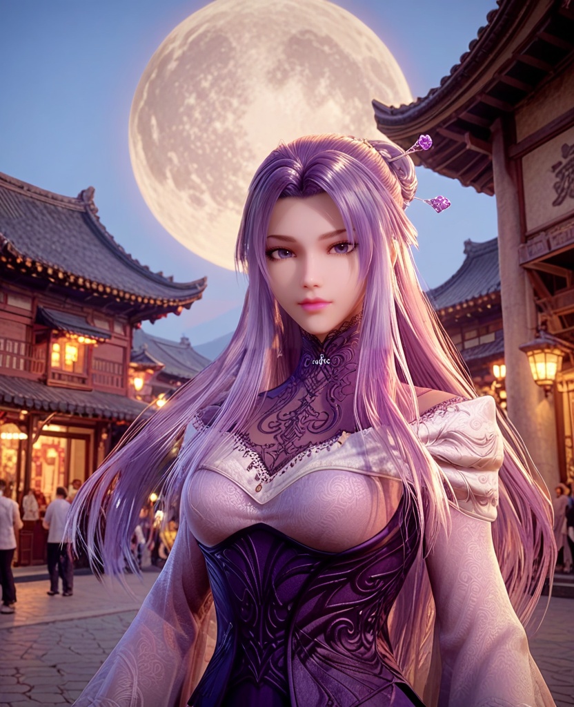 (oriental architecture, elegant decor, sophisticated style:1.1),(looking at a oversized moon in the sky,megalophobia,sense of scale:1.1),(breasts:1.2),<lora:XL秦时明月紫女仕女服:0.95>,1girl,dress,long hair,purple hair,purple eyes,corset,hair bun,hair ornament,hairpin,medium breasts,, score_9,score_8_up,score_7_up,score_6_up,score_5_up,score_4_up,3d rendering,tag1,tag2, Cinematic Lighting,backlighting,