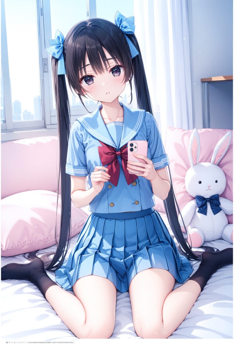 (masterpiece),(best quality),illustration,ultra detailed,hdr,Depth of field,(colorful),1girl,solo,skirt,long hair,socks,holding,twintails,phone,school uniform,sitting,black hair,bow,black socks,pleated skirt,stuffed toy,cellphone,sailor collar,short sleeves,holding phone,blue skirt,stuffed animal,looking at viewer,serafuku,wariza,shirt,smartphone,very long hair,bowtie,blue shirt,hair bow,blue sailor collar,ribbon,collarbone,parted lips,hair ribbon,indoors,pillow,stuffed rabbit,bed sheet,sailor shirt,page number,