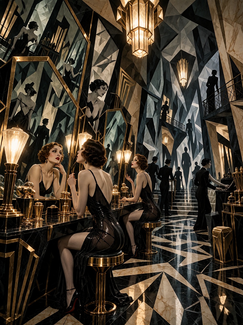 A grand dressing room with distorted Art Deco mirrors reflecting a glamorous woman into dozens of twisted silhouettes,  wa...