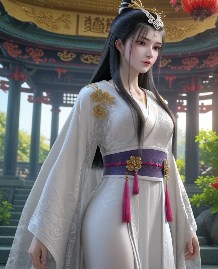 (oriental architecture, elegant decor, sophisticated style:1.1),(leaning on object:1.1),(breasts:1.2),<lora:XL墓王之王千亦膤:0.95>,miss qianyixue,white dress with embroidery,brown eyes,black hair,long hair,traditional chinese updo with long front strands,jewelry,see-through coat,sash,white pantyhose with embroidery,, score_9,score_8_up,score_7_up,score_6_up,score_5_up,score_4_up,3d rendering,tag1,tag2, Cinematic Lighting,backlighting,