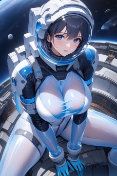 masterpiece,  best quality,  1girl,  translucent skin,  Blue,  bodysuit,  mechanical,  cowboy shot,  space,  sitting,  from above,  large breasts,  bone, Spacesuit1.5	 White,