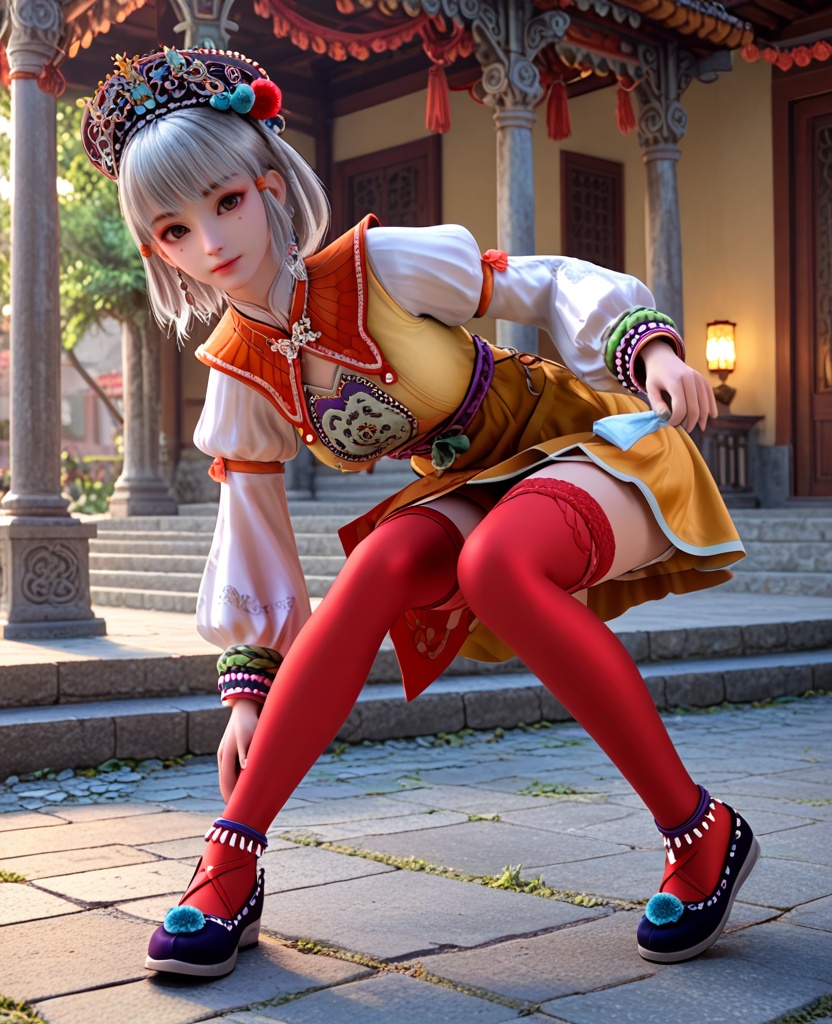 (oriental architecture, elegant decor, sophisticated style:1.1),(Bending down to touch a plant or flower, showing care and connection with nature,:1.1),(breasts:1.2),<lora:XL少年白马小白:0.95>,miss xiaobai,yellow short dress,brown detachable collar,puffy long sleeves,brown miniskirt,belt,brown eyes,mole under eye,silver hair,bangs,hat,jewelry,red thighhighs,black shoes,anklet,pom pom \(ornament\),, score_9,score_8_up,score_7_up,score_6_up,score_5_up,score_4_up,3d rendering,tag1,tag2, Cinematic Lighting,backlighting,