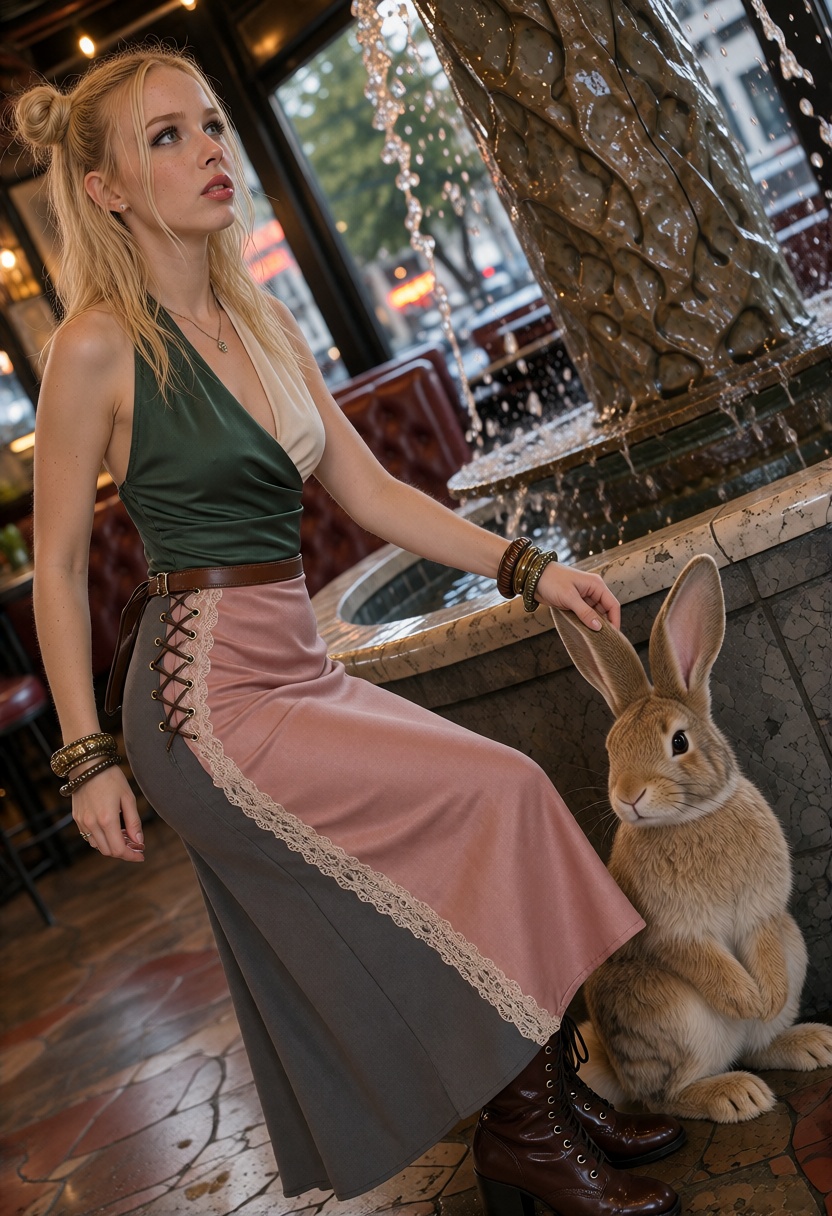 LolaX,  long blonde hair with two small space buns and loose straight lengths. A luxury hotel dressing suite with gold det...