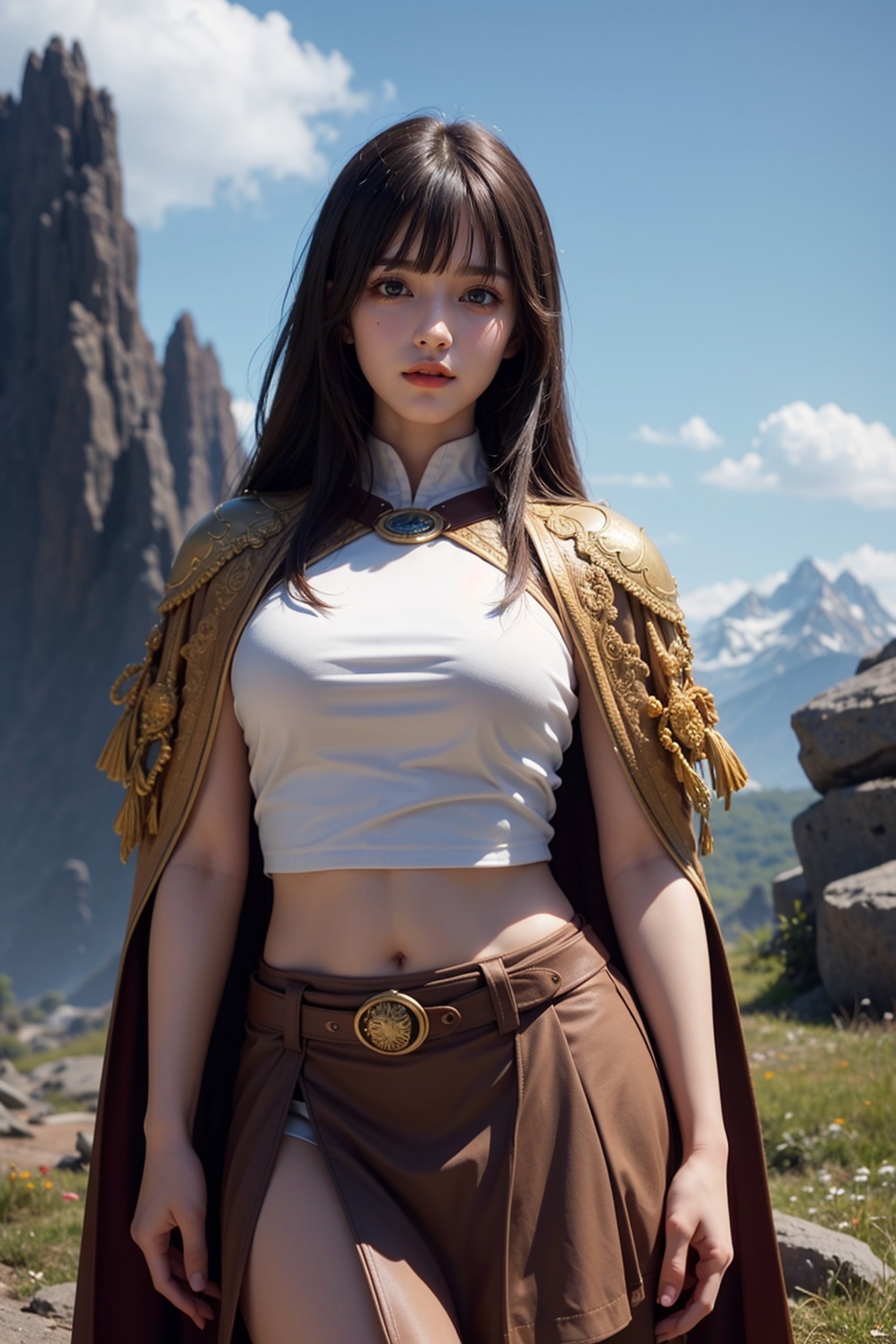 ultra realistic 8k cg,picture-perfect face,perfect face,beautiful face,masterpiece,fantasy,detailed background,realistic,perfect female body,curvy body,skindentation:1.3,intricate detail,cowboy shot,1girl,solo,mountain,sky,cape,long hair,rocks,sky,(skirt),(bangs),full body,