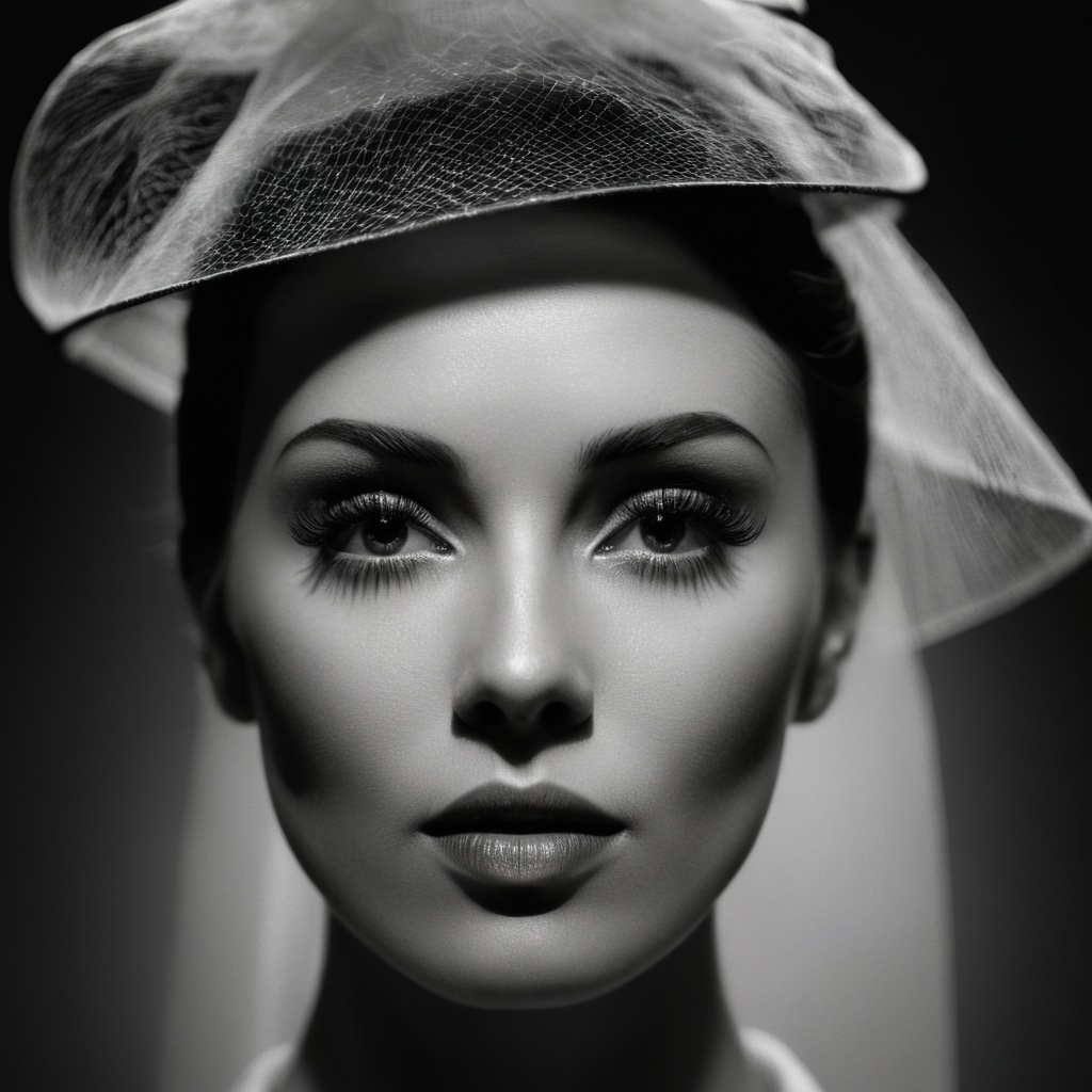 cinematic film still of Butterfly lighting photography of a woman with a hat and veil on her head,  1girl,  solo on Tensor...