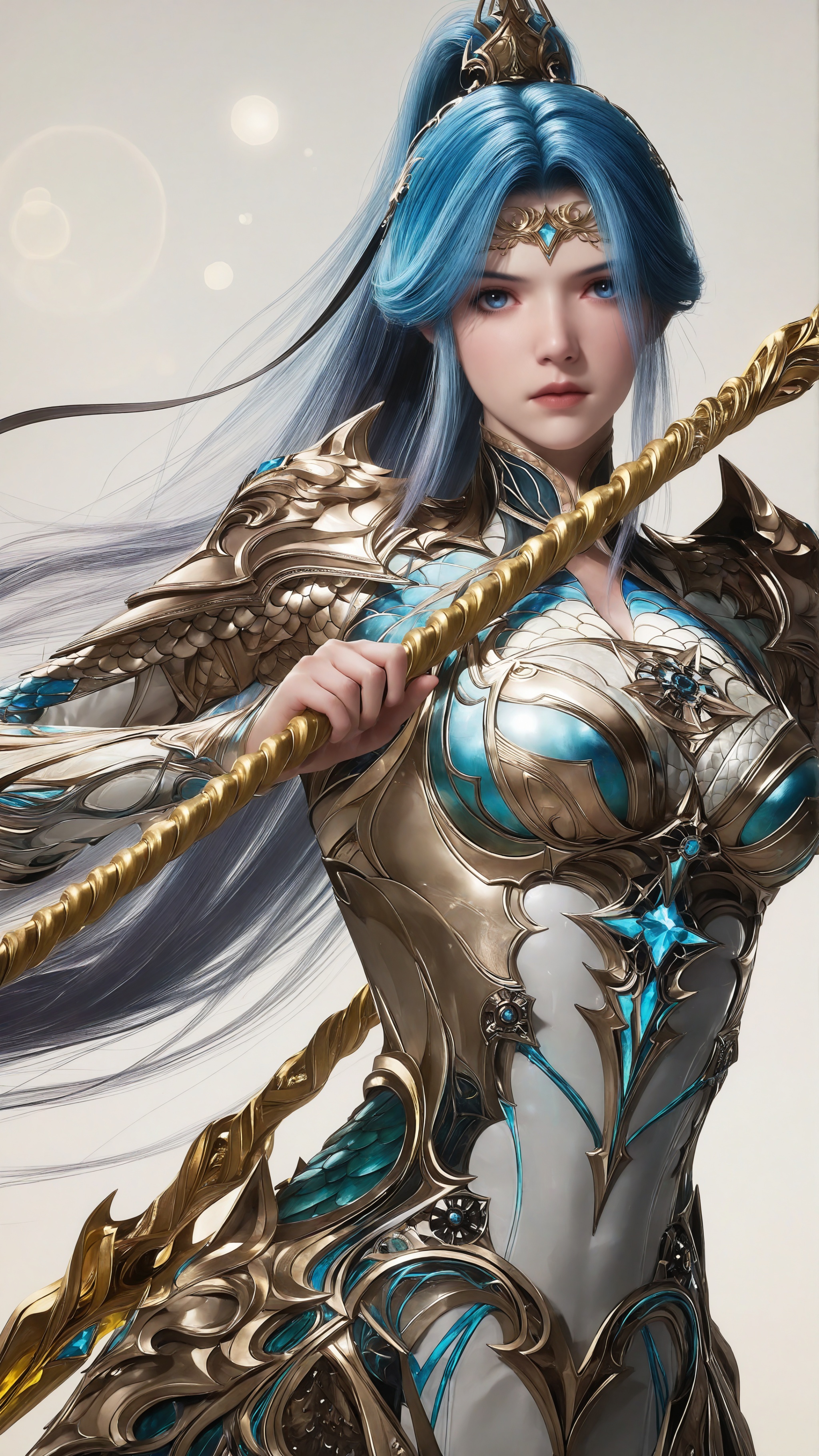 <lora:Janus-王秋儿孔雀舞-斗罗大陆-天海IL:0.7>,Janus,1girl,solo,blue eyes,blue hair,breasts,gem,very long hair,multicolored hair,armor,simple background,white_background,shoulder armor,ponytail,hair ornament,breastplate,realistic,pauldrons,holding,weapon,holding staff,polearm,spear,lens_flare,motion_lines,front view,upper_body,looking_at_viewer,, surreal,photorealistic,masterpiece,best quality,cinematic lighting,
