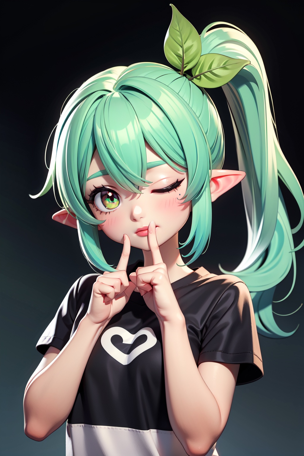 chibi,1girl,solo,one eye closed,pointy ears,green eyes,hair ornament,finger to mouth,multicolored hair,shirt,gradient hair,symbol-shaped pupils,looking at viewer,side ponytail,black shirt,white hair,bangs,short sleeves,upper body,long hair,hair between eyes,green hair,sidelocks,leaf hair ornament,cross-shaped pupils,index finger raised,, masterpiece,best quality,very aesthetic,absurdres,