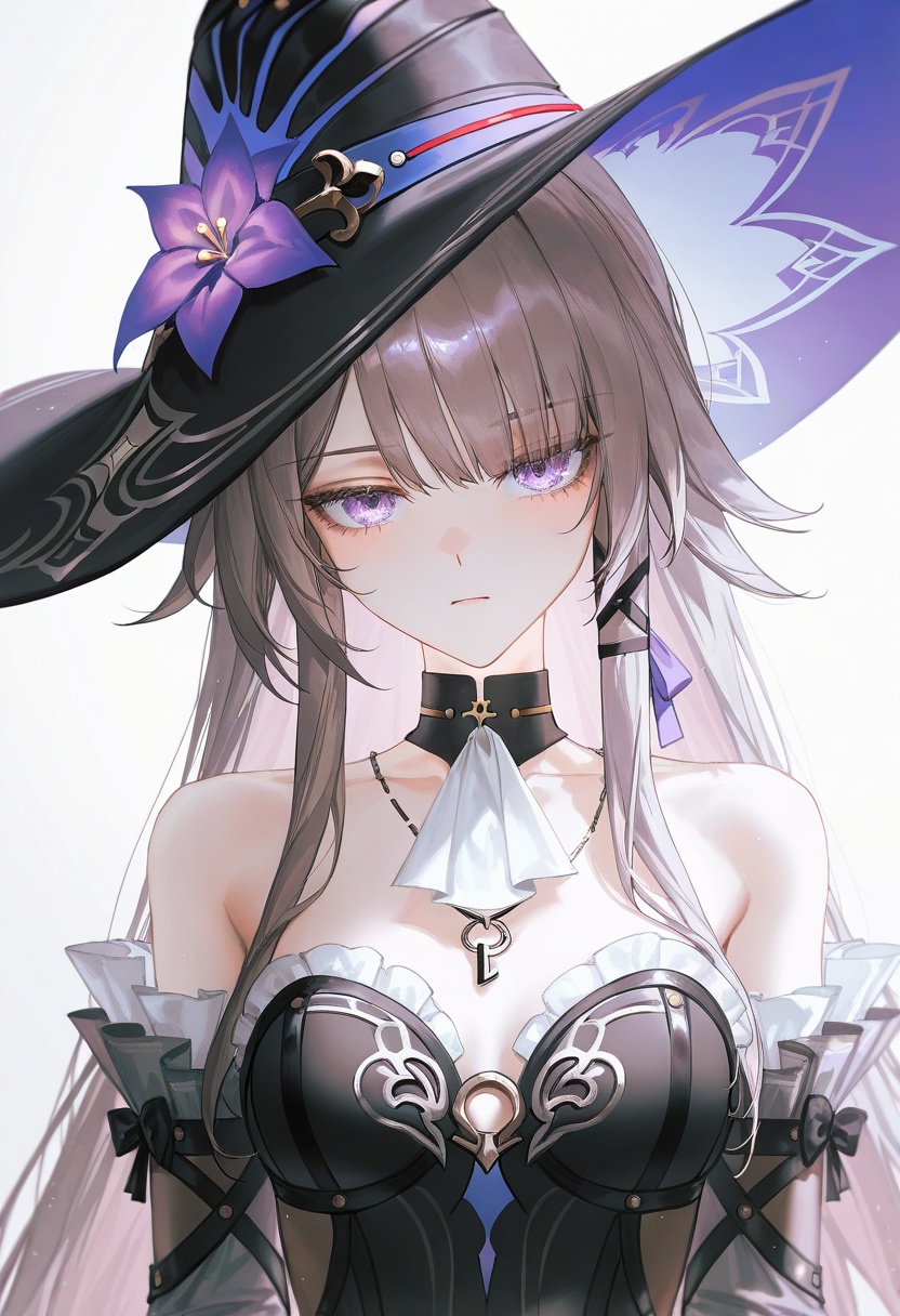 the_herta_\(honkai:_star_rail\),depth of field,light particles,lens flare,(artist:quasarcake:0.8),extreme aesthetic,(wlop:0.6),wanke,rella,(masterpiece:1.2),best quality,good quality,newest,year 2024,year 2023,very aesthetic,absurdres,1girl,black_dress,bare_shoulders,black_hat,choker,detached_sleeves,dress,grey_hair,hat,herta_\(honkai:_star_rail\),long_hair,looking_at_viewer,official_alternate_costume,ascot,solo,black_choker,artist:selvha,the_herta_\(honkai:_star_rail\),upper_body,very_long_hair,strapless,witch_hat,strapless_dress,white_ascot,