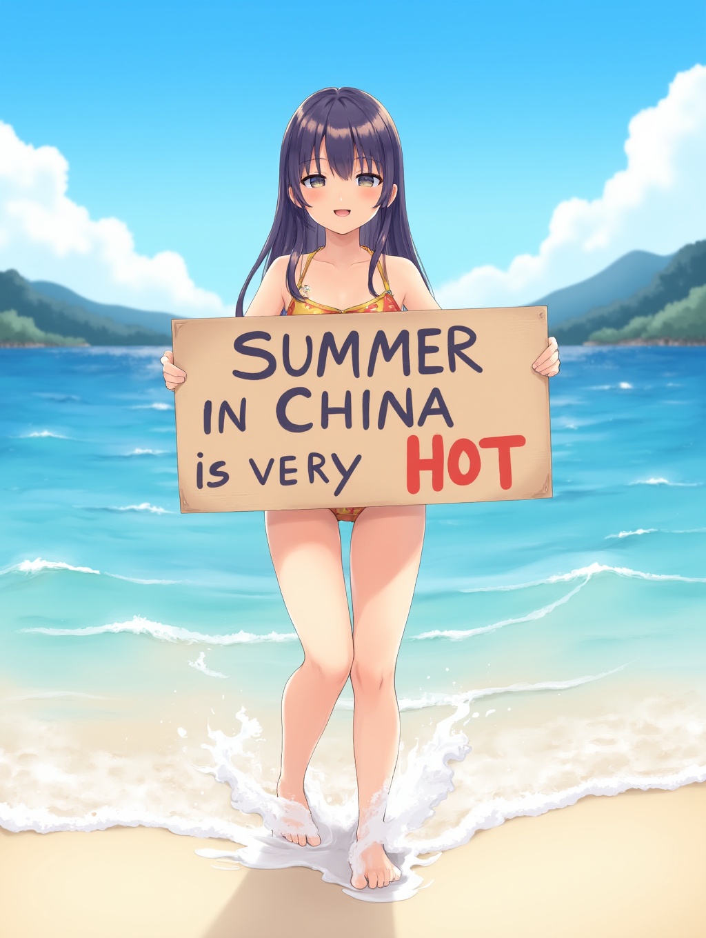 kedamamilk,  girl in a school swinsuit stands at the beach,  holding a sign that says ‘Summer in China is very Hot’ in bol...